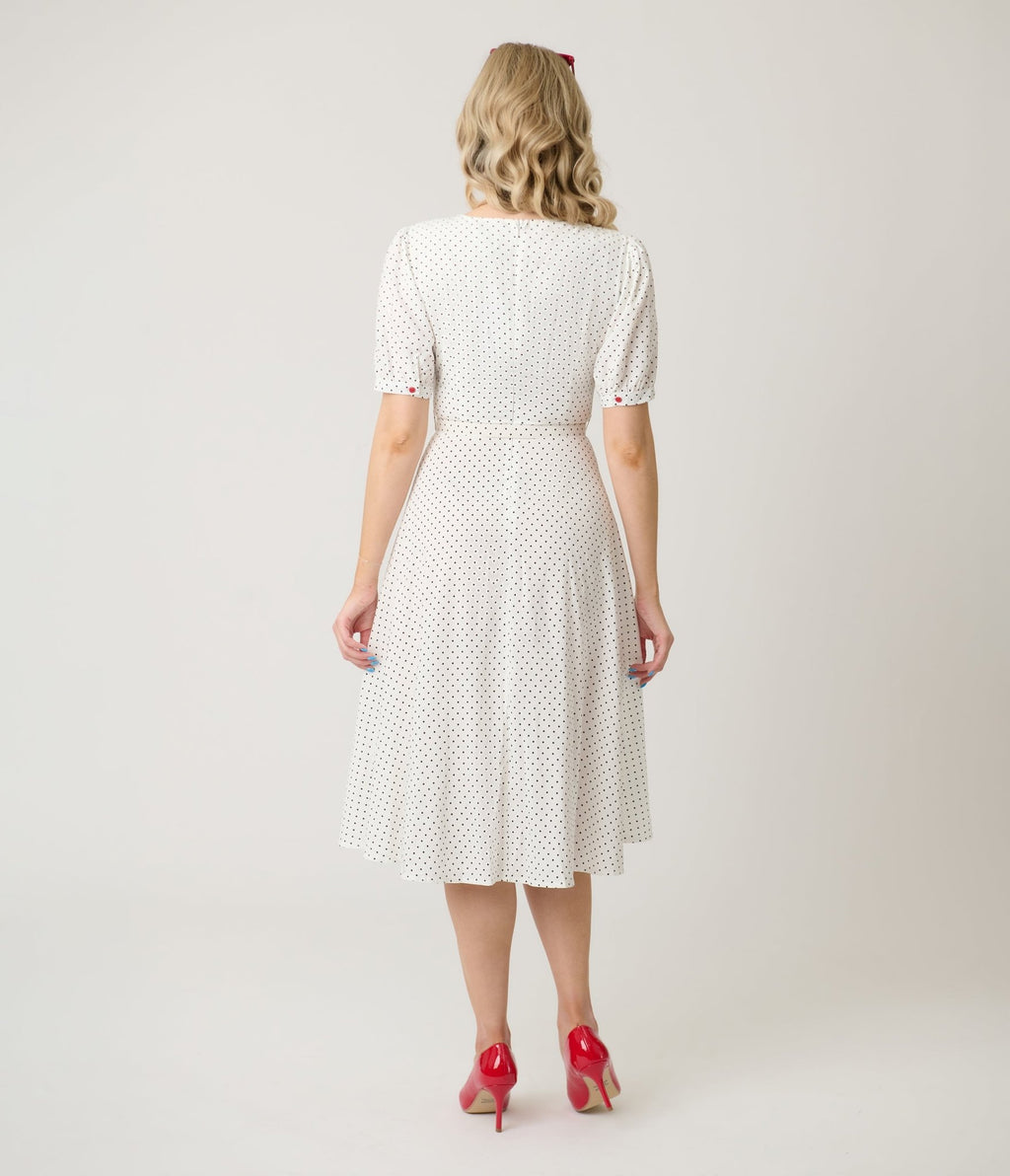 Royal Monk White & Black Polka Dot Cherry Danny Sweet Spot Midi Dress - Unique Vintage - Womens, DRESSES, SWING