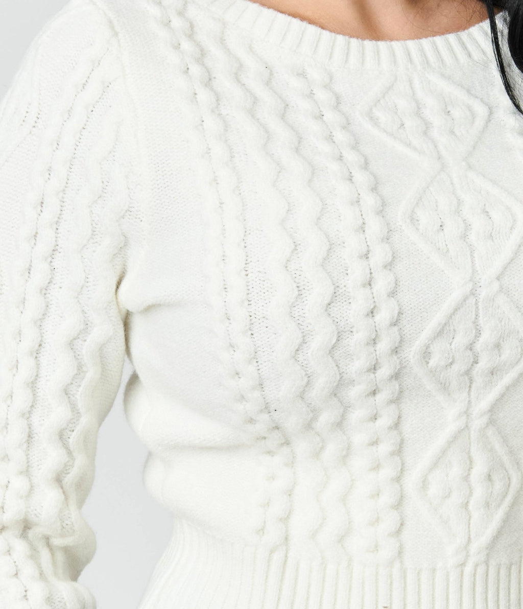 Royal Monk White Cable Knit Sweater - Unique Vintage - Womens, TOPS, SWEATERS