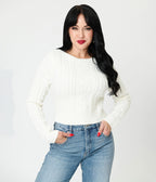 Royal Monk White Cable Knit Sweater - Unique Vintage - Womens, TOPS, SWEATERS