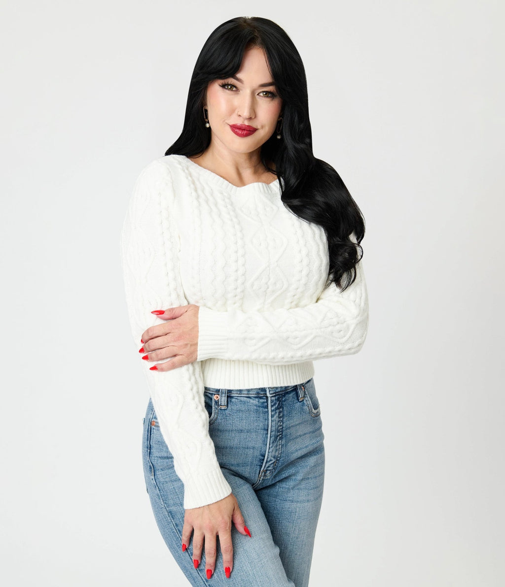 Royal Monk White Cable Knit Sweater - Unique Vintage - Womens, TOPS, SWEATERS