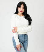 Royal Monk White Cable Knit Sweater - Unique Vintage - Womens, TOPS, SWEATERS