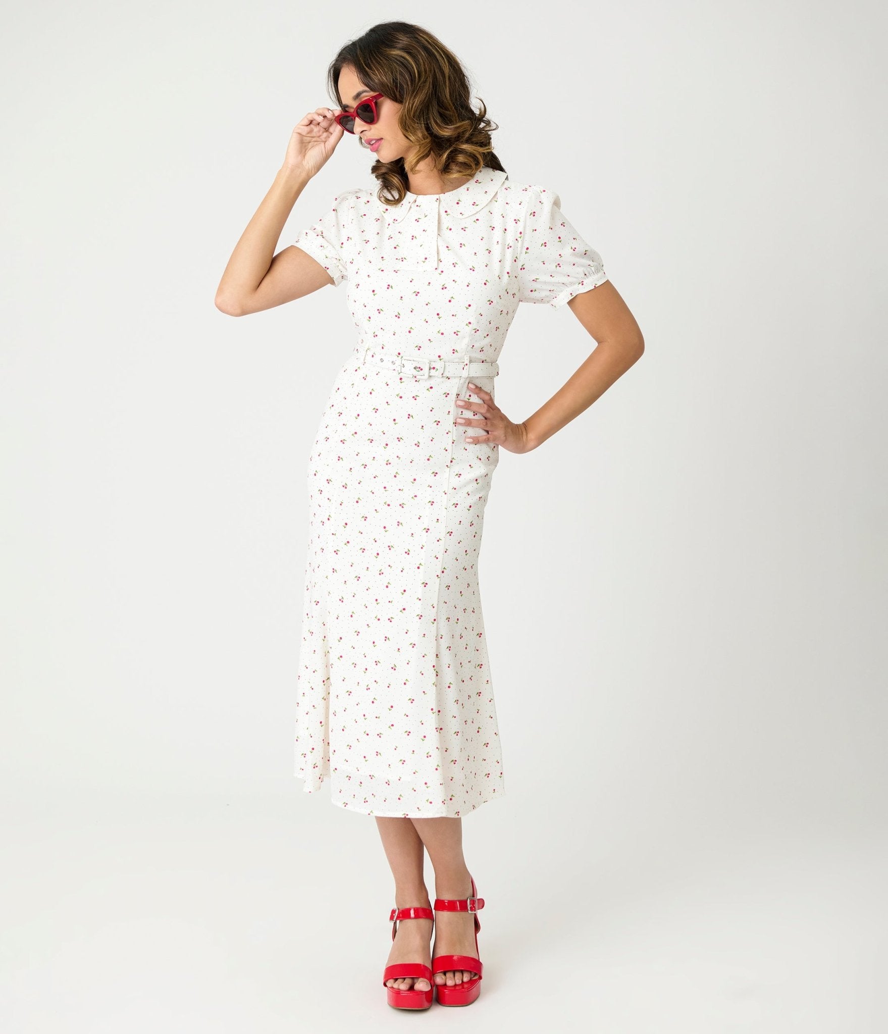 Royal Monk White Cherry Lucille Midi Dress - Unique Vintage - Womens, DRESSES, MIDI