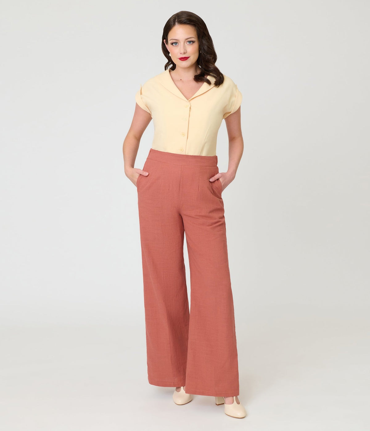Rust 1950s High-Waisted Wide Leg Trousers - Unique Vintage - Womens, BOTTOMS, PANTS