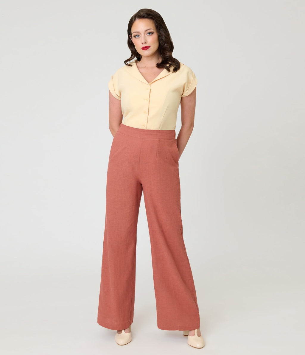 Rust 1950s High-Waisted Wide Leg Trousers - Unique Vintage - Womens, BOTTOMS, PANTS