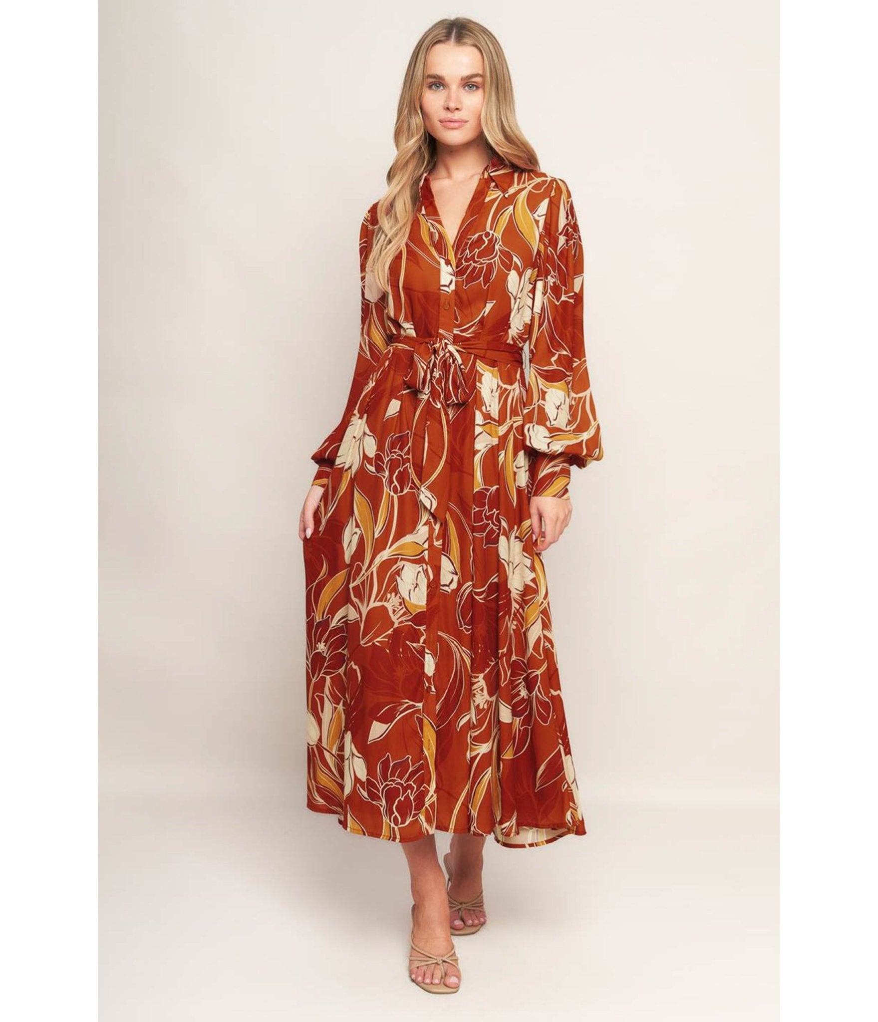Rust & Cream Floral Woven Maxi Dress - Unique Vintage - Womens, DRESSES, MAXI