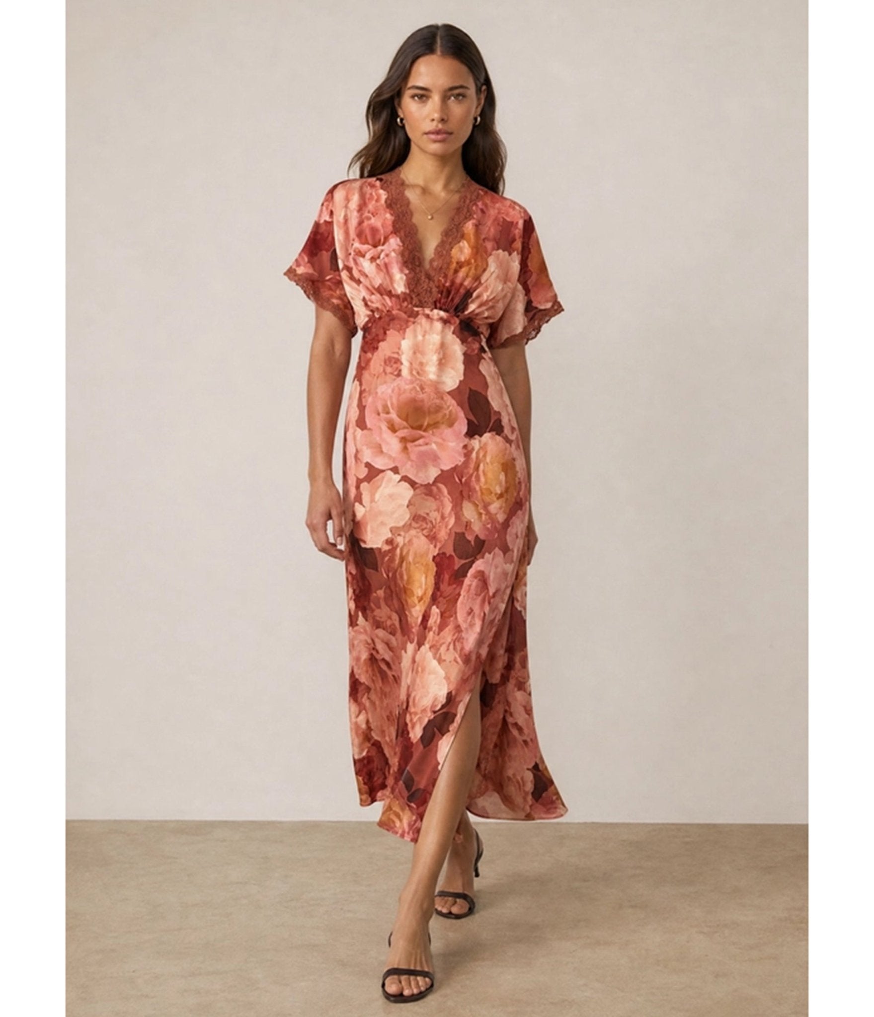 Rust Floral Print Satin Maxi Dress - Unique Vintage - Womens, DRESSES, MAXI