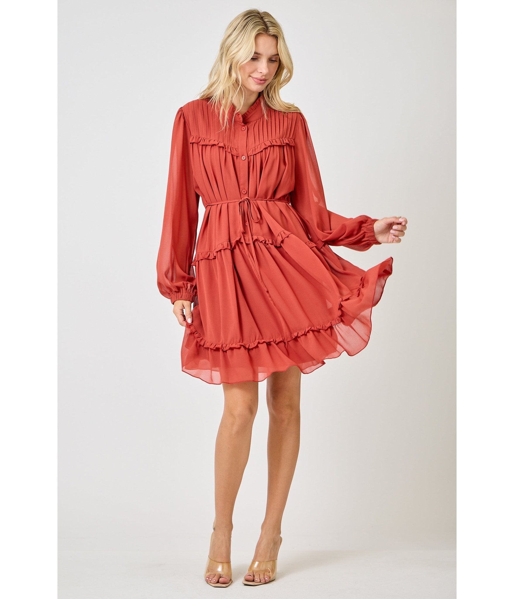 Rust Red Chiffon Flare Dress - Unique Vintage - Womens, DRESSES, FIT AND FLARE