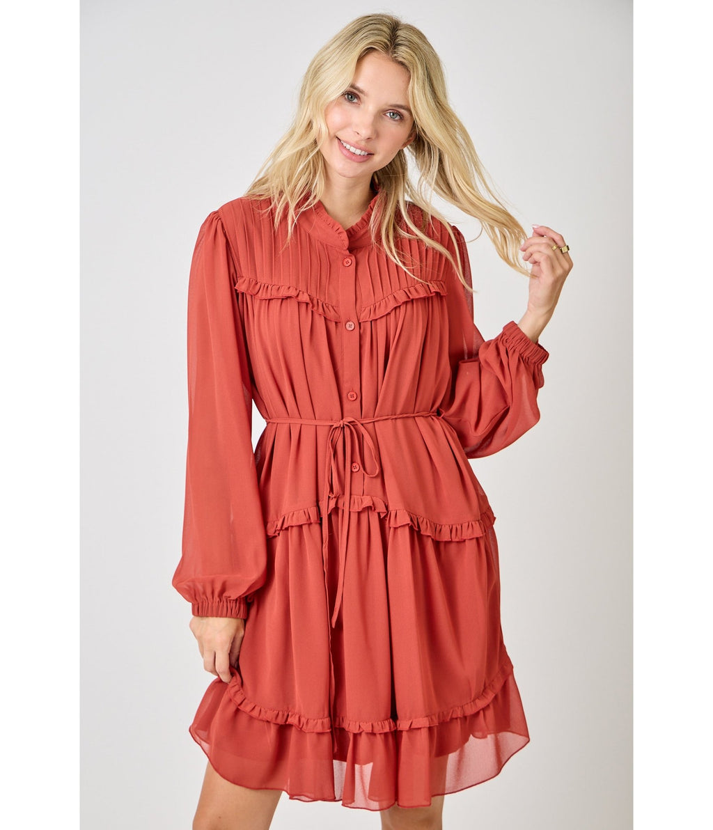 Rust Red Chiffon Flare Dress - Unique Vintage - Womens, DRESSES, FIT AND FLARE