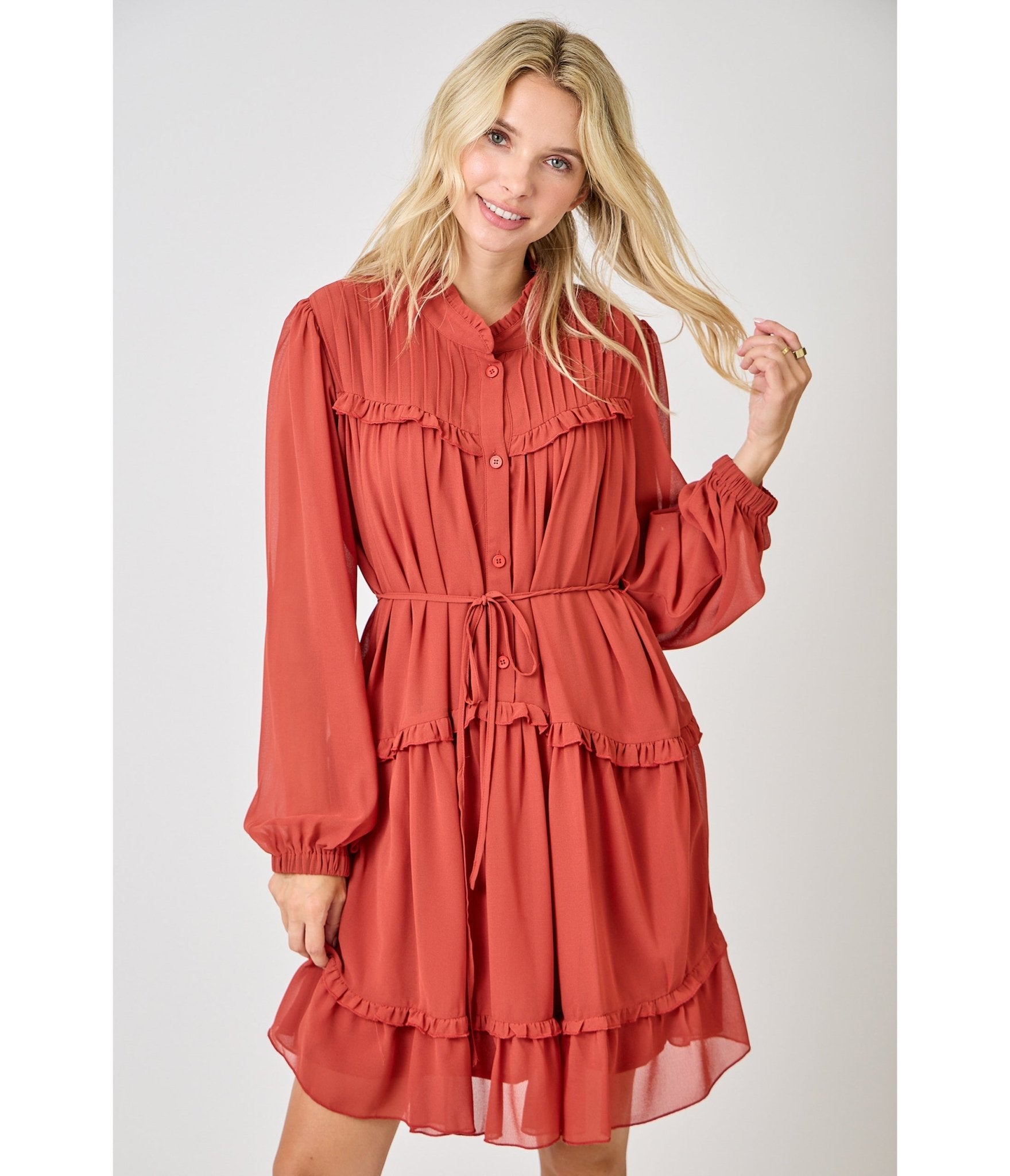 Rust Red Chiffon Flare Dress - Unique Vintage - Womens, DRESSES, FIT AND FLARE