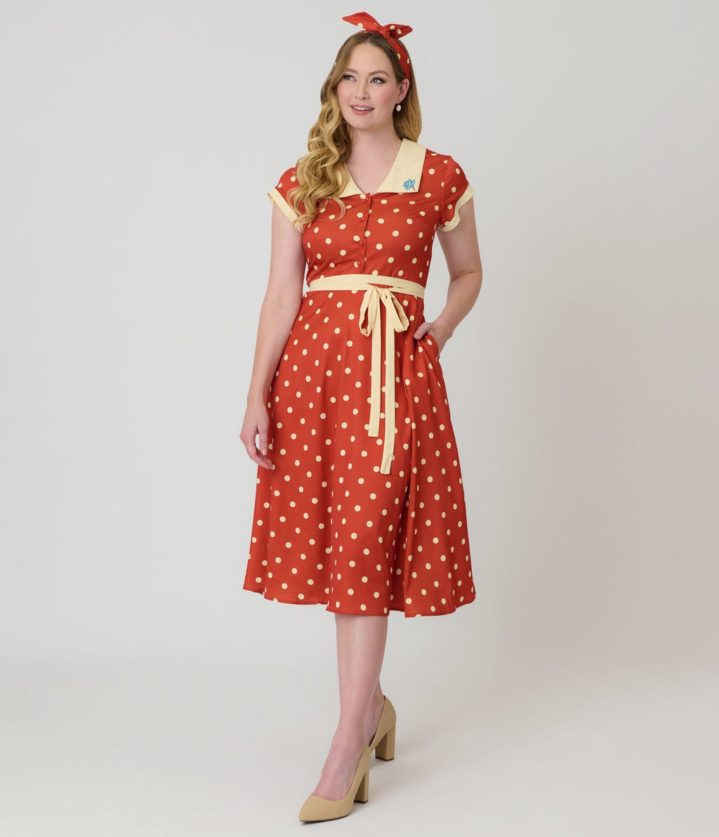Rust Red Polka Dot Swing Dress - Unique Vintage - Womens, DRESSES, SWING
