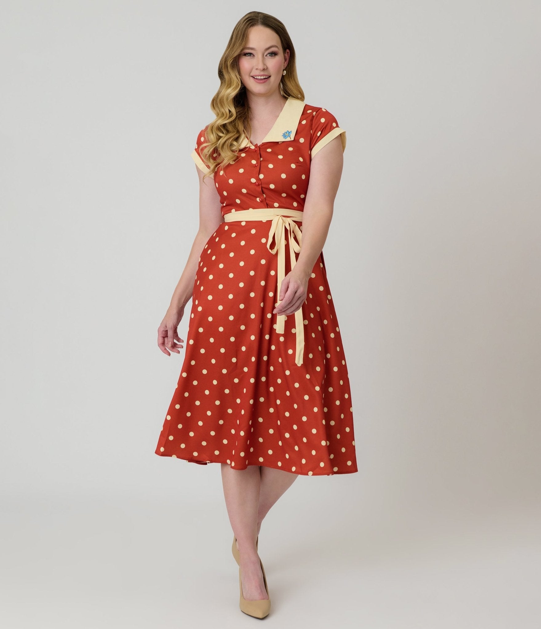 Rust Red Polka Dot Swing Dress - Unique Vintage - Womens, DRESSES, SWING
