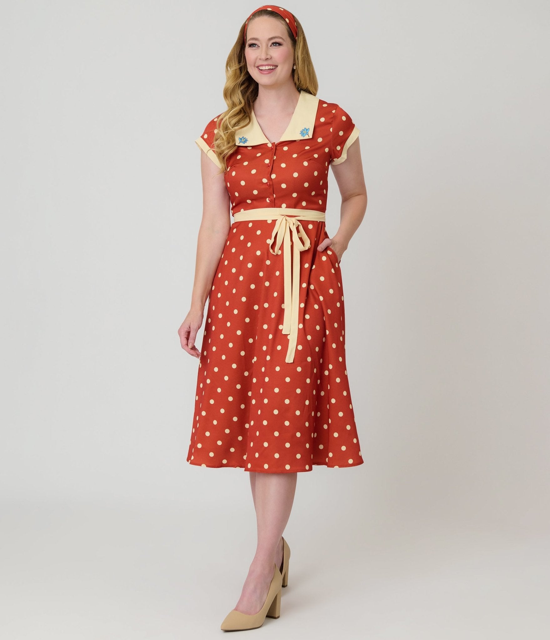 Rust Red Polka Dot Swing Dress - Unique Vintage - Womens, DRESSES, SWING