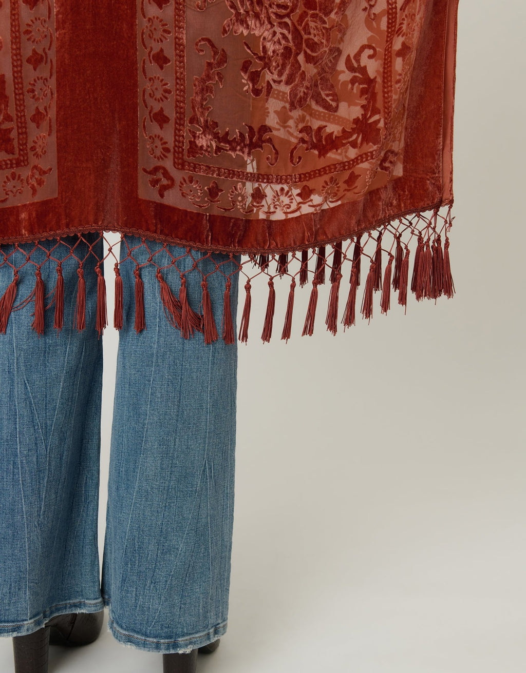 Rust Velvet Mesh Tapestry Tassel Kimono - Unique Vintage - Womens, TOPS, OUTERWEAR