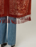 Rust Velvet Mesh Tapestry Tassel Kimono - Unique Vintage - Womens, TOPS, OUTERWEAR
