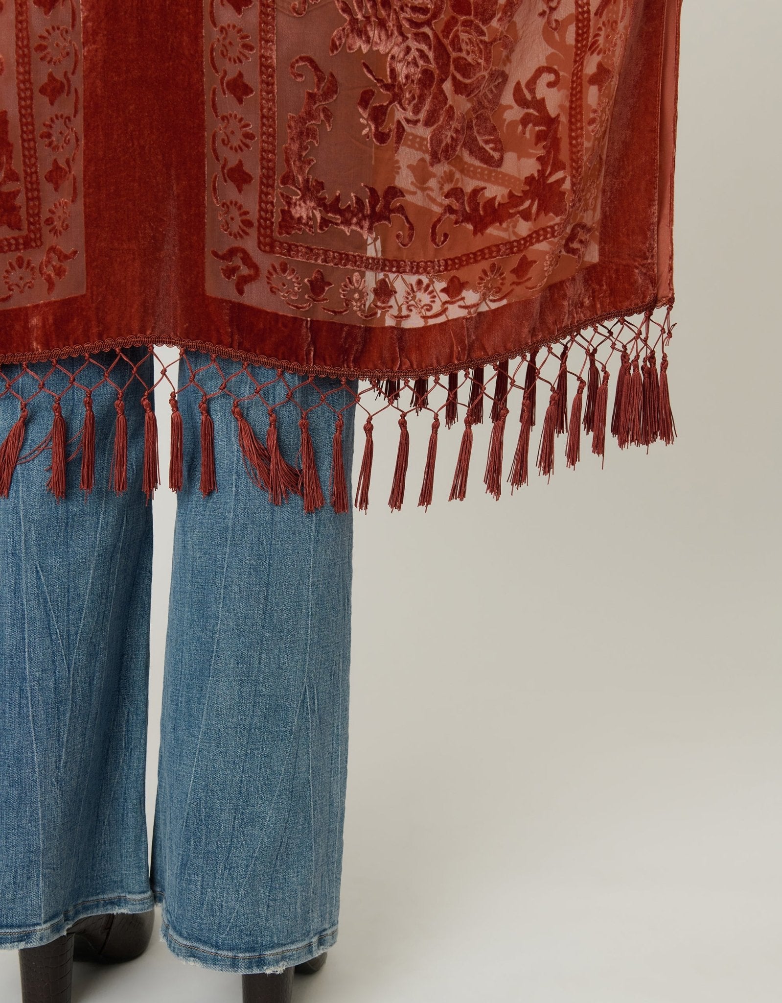 Rust Velvet Mesh Tapestry Tassel Kimono - Unique Vintage - Womens, TOPS, OUTERWEAR