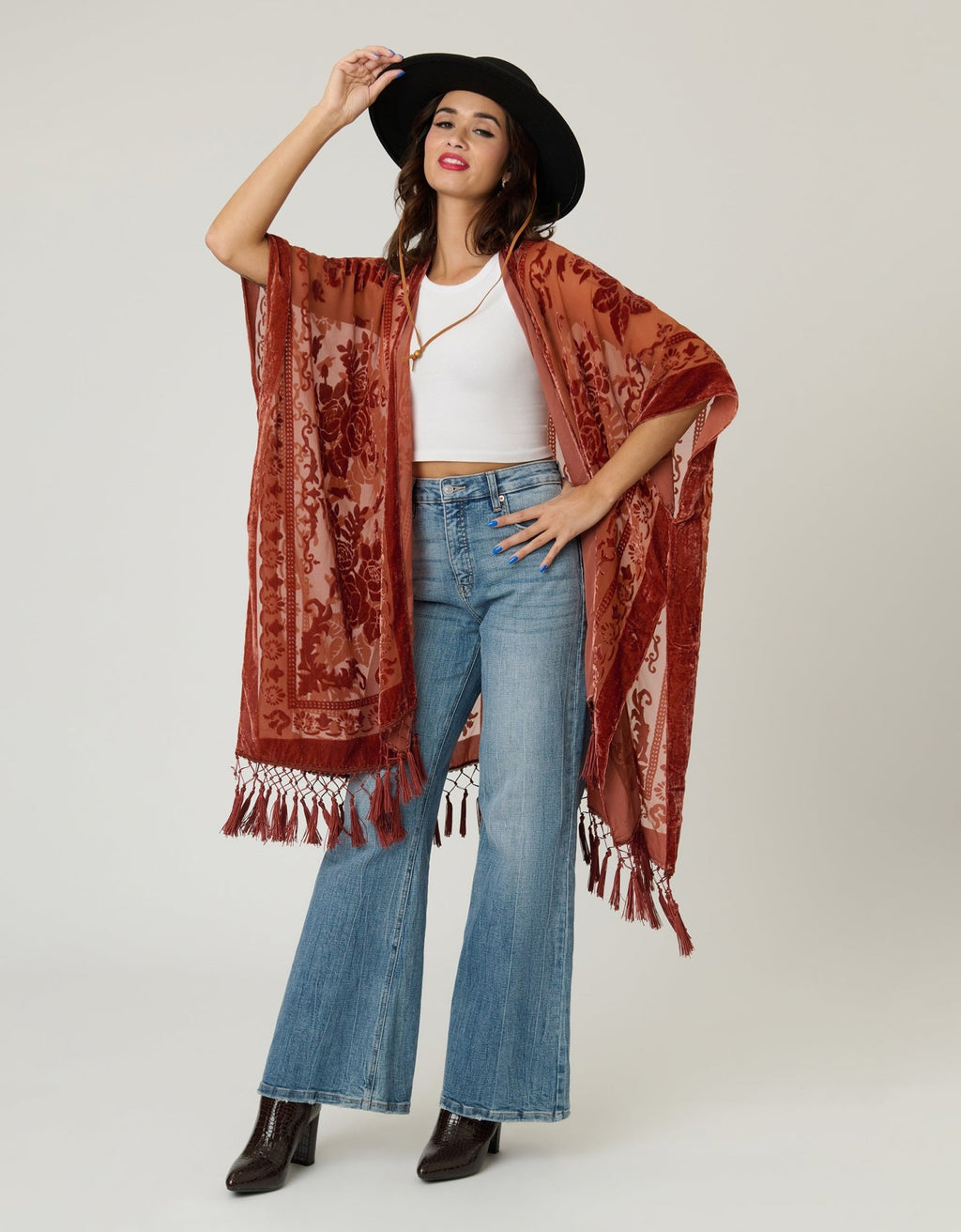 Rust Velvet Mesh Tapestry Tassel Kimono - Unique Vintage - Womens, TOPS, OUTERWEAR