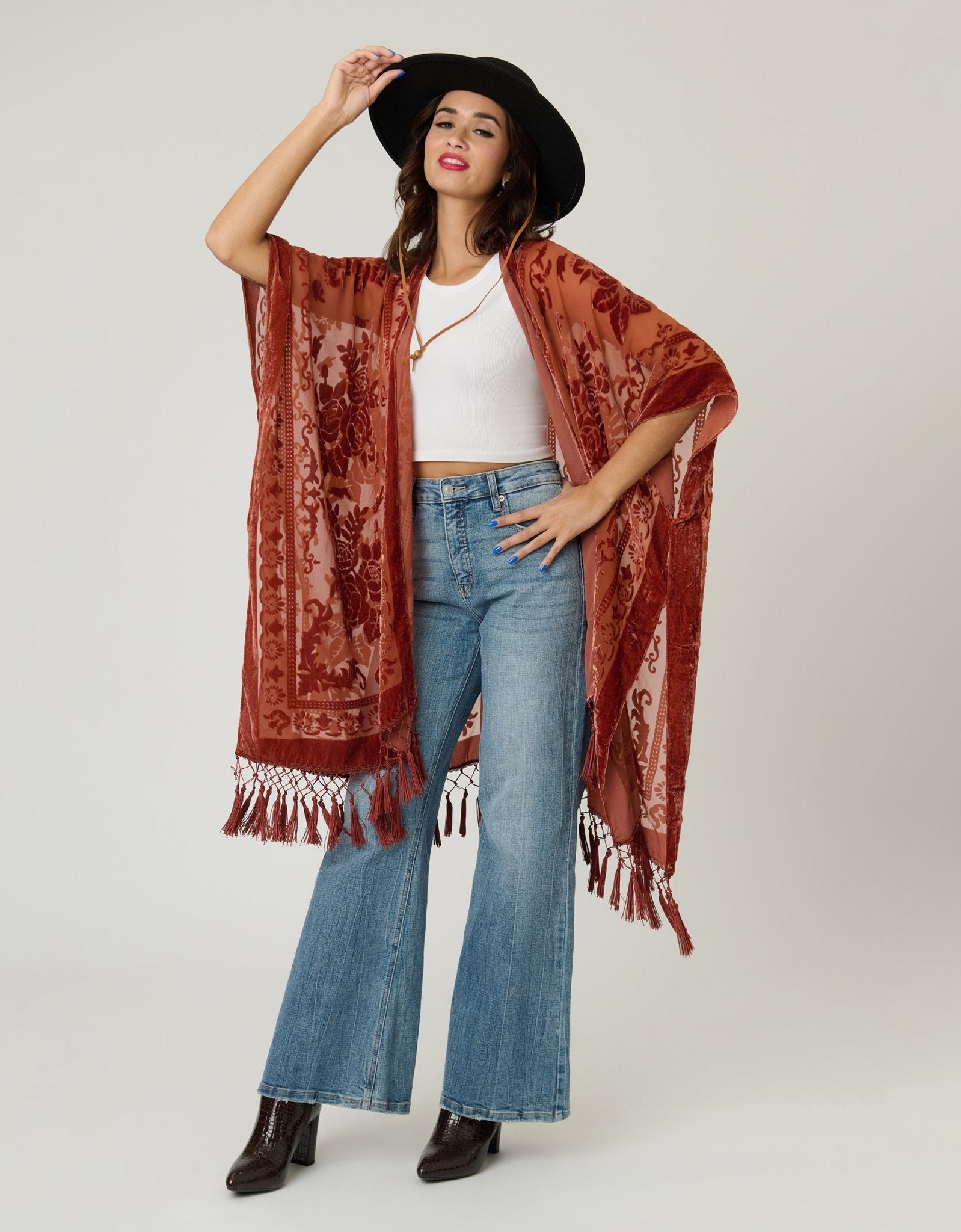 Rust Velvet Mesh Tapestry Tassel Kimono - Unique Vintage - Womens, TOPS, OUTERWEAR