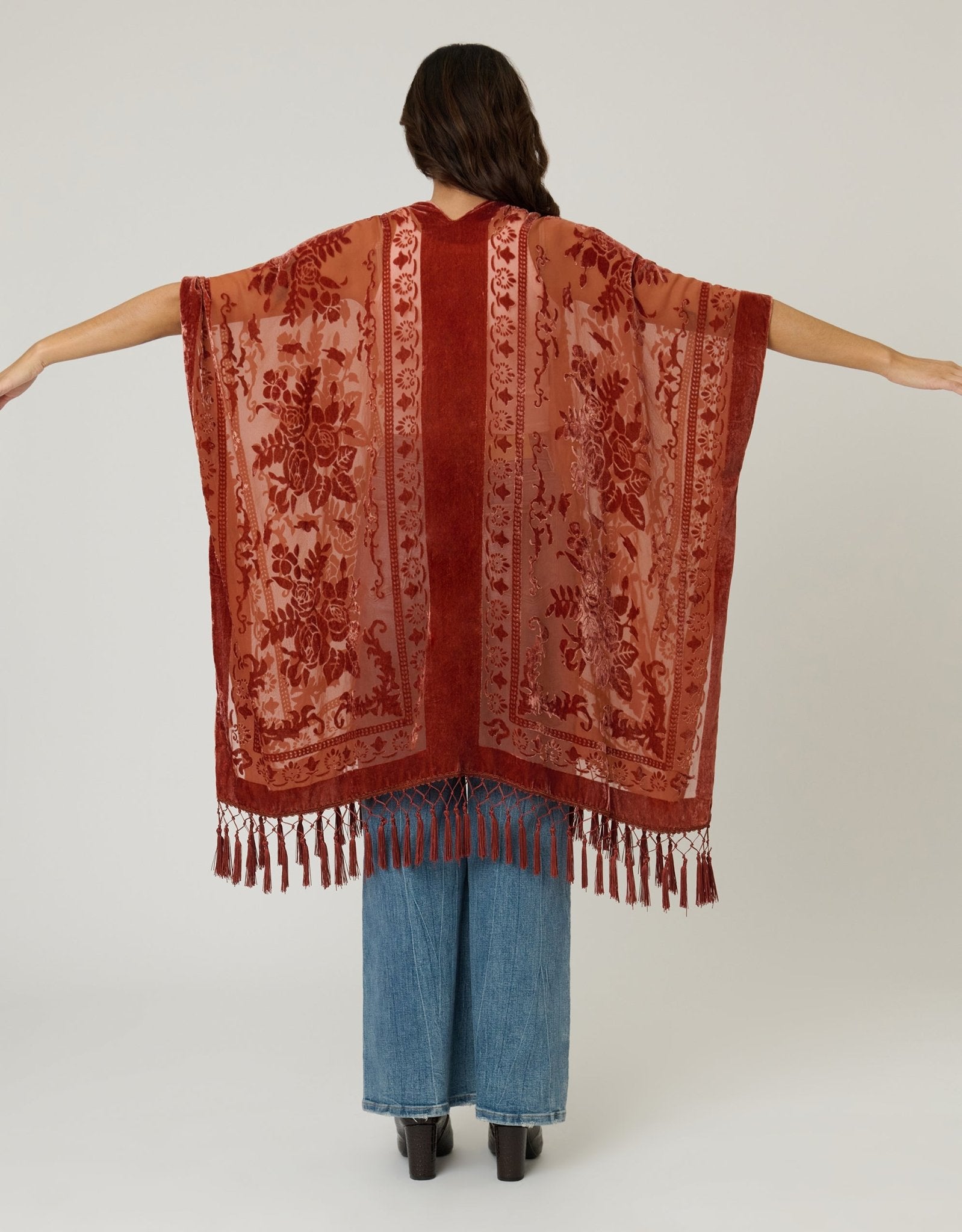 Rust Velvet Mesh Tapestry Tassel Kimono - Unique Vintage - Womens, TOPS, OUTERWEAR