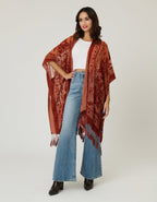 Rust Velvet Mesh Tapestry Tassel Kimono - Unique Vintage - Womens, TOPS, OUTERWEAR