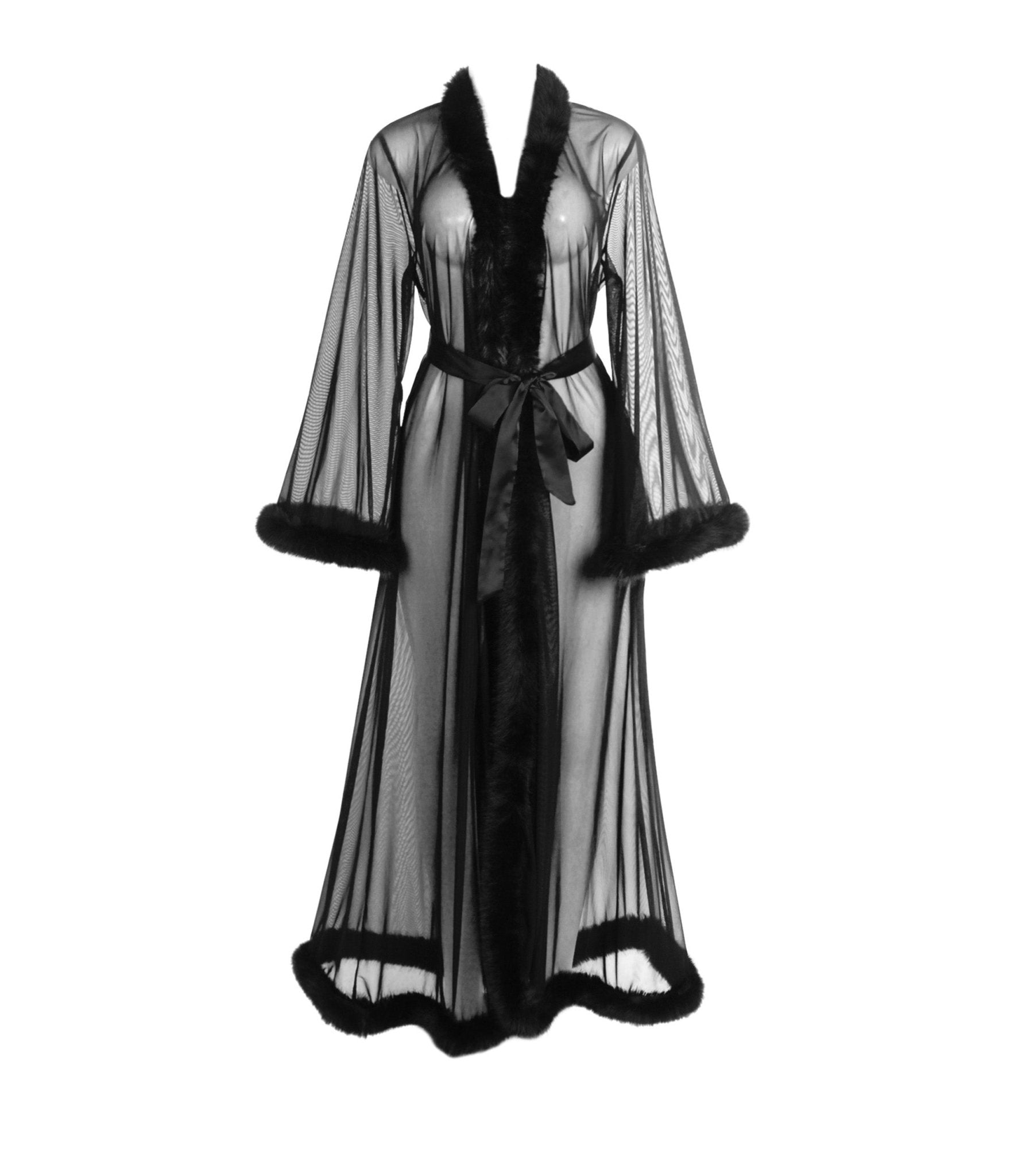 Sheer Black Fur Trim Long Robe - Unique Vintage - Womens, TOPS, Loungewear