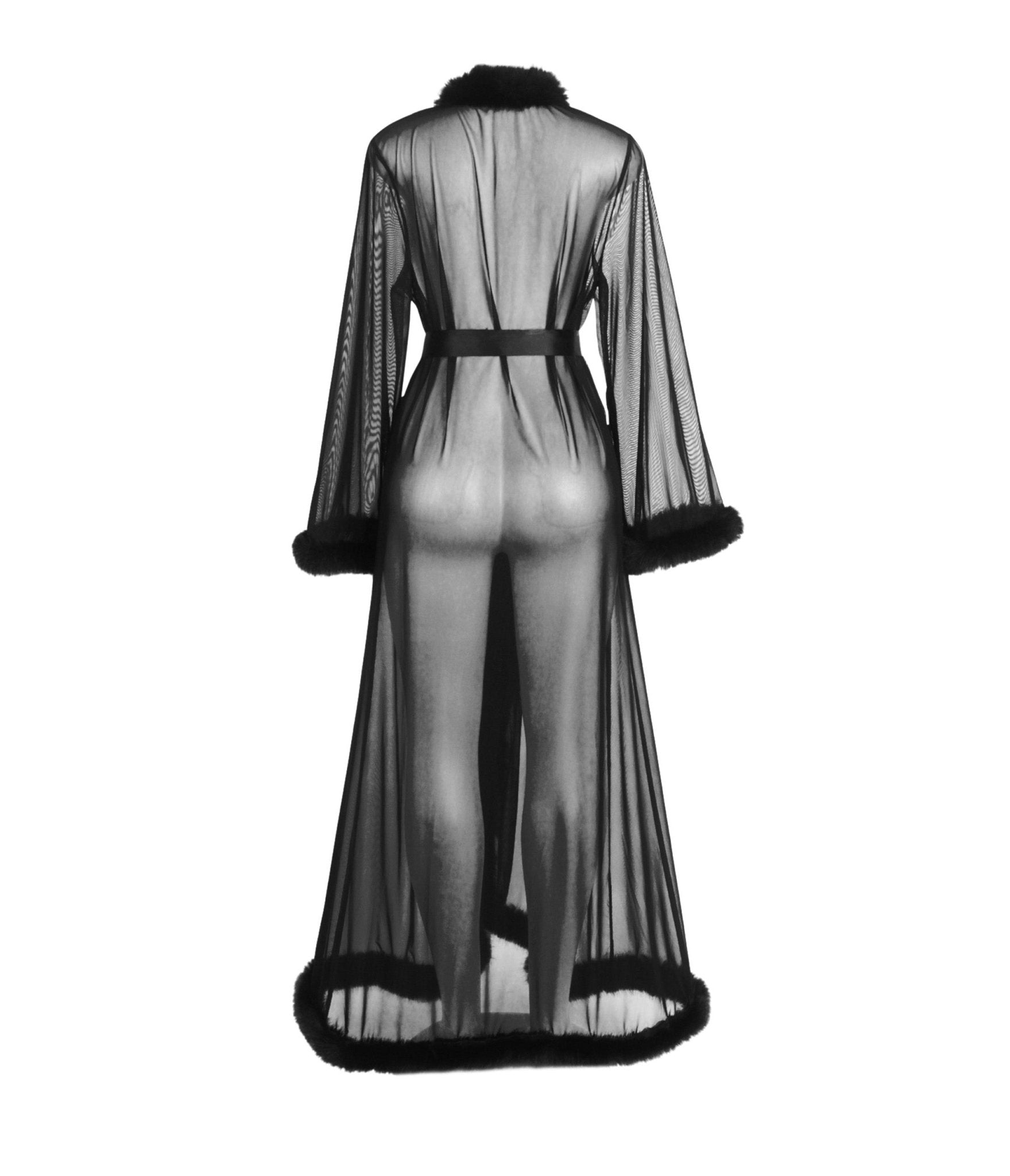 Sheer Black Fur Trim Long Robe - Unique Vintage - Womens, TOPS, Loungewear