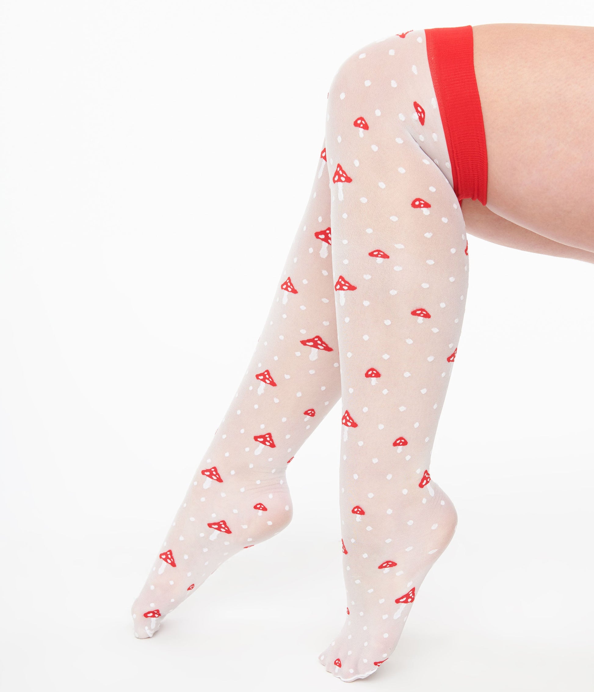 Sheer Red Mushroom & White Dot Thigh High Socks - Unique Vintage - Womens, ACCESSORIES, HOSIERY