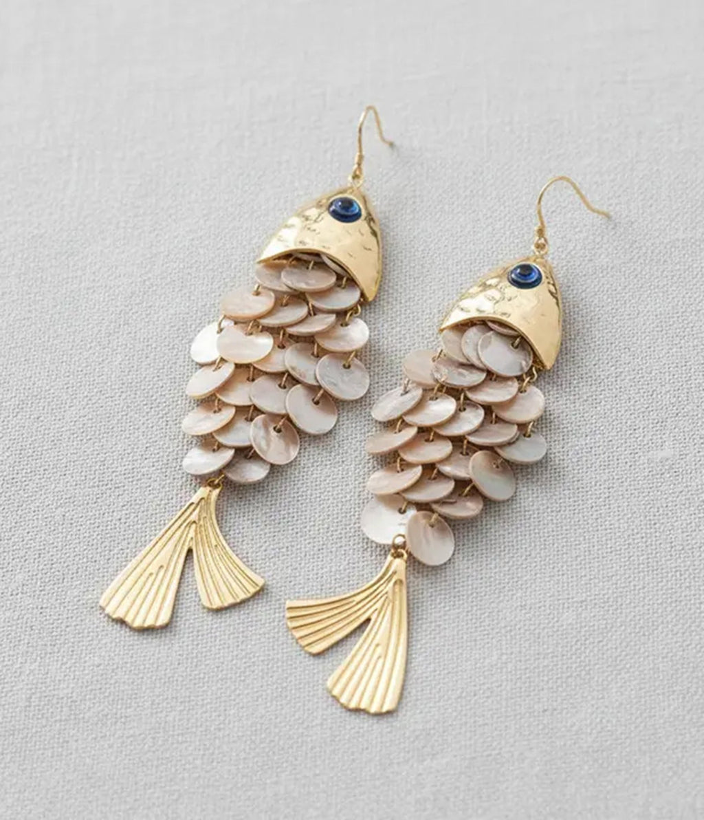 Shell Fish Dangle Earrings - Unique Vintage - Womens, ACCESSORIES, JEWELRY