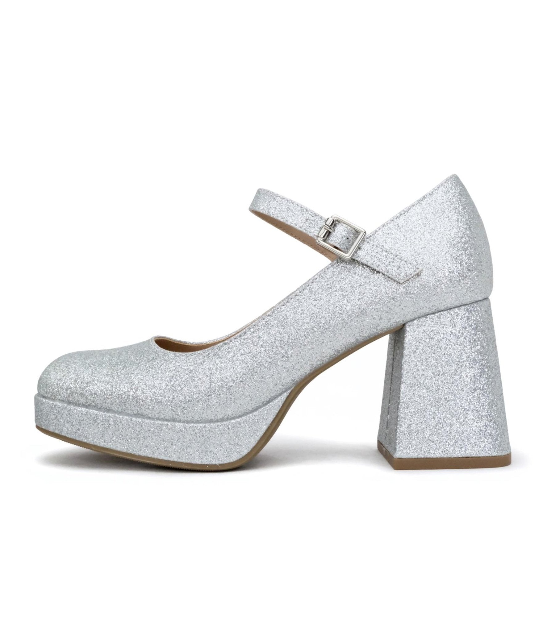 Silver Glitter Mary Jane Platform Heels - Unique Vintage - Womens, SHOES, HEELS