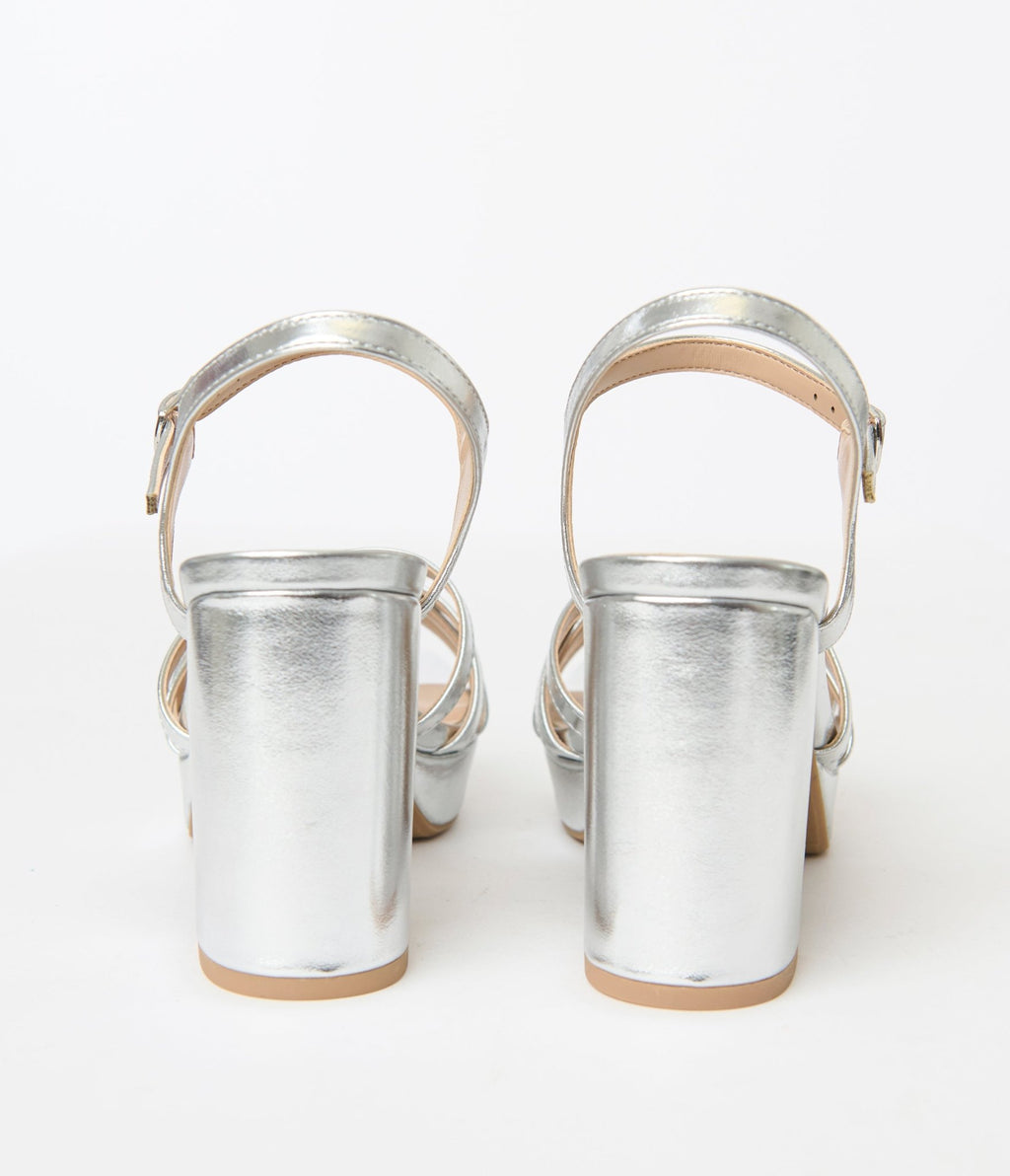 Silver Metallic Leatherette Heels - Unique Vintage - Womens, SHOES, HEELS
