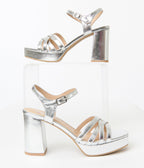 Silver Metallic Leatherette Heels - Unique Vintage - Womens, SHOES, HEELS
