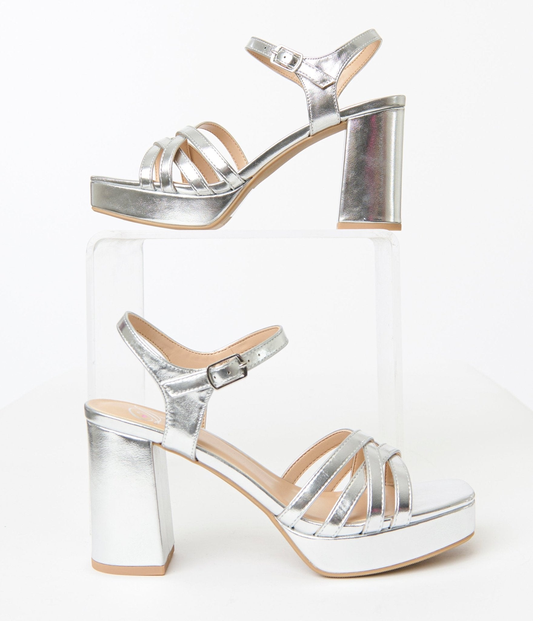 Silver Metallic Leatherette Heels - Unique Vintage - Womens, SHOES, HEELS