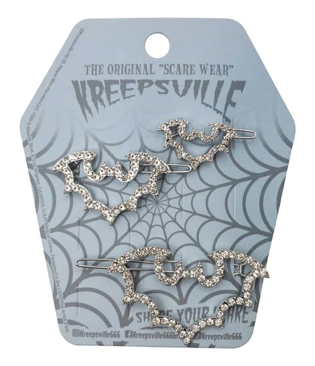 Silver Rhinestone Bat Hair Clip Set - Unique Vintage - Hair Clips