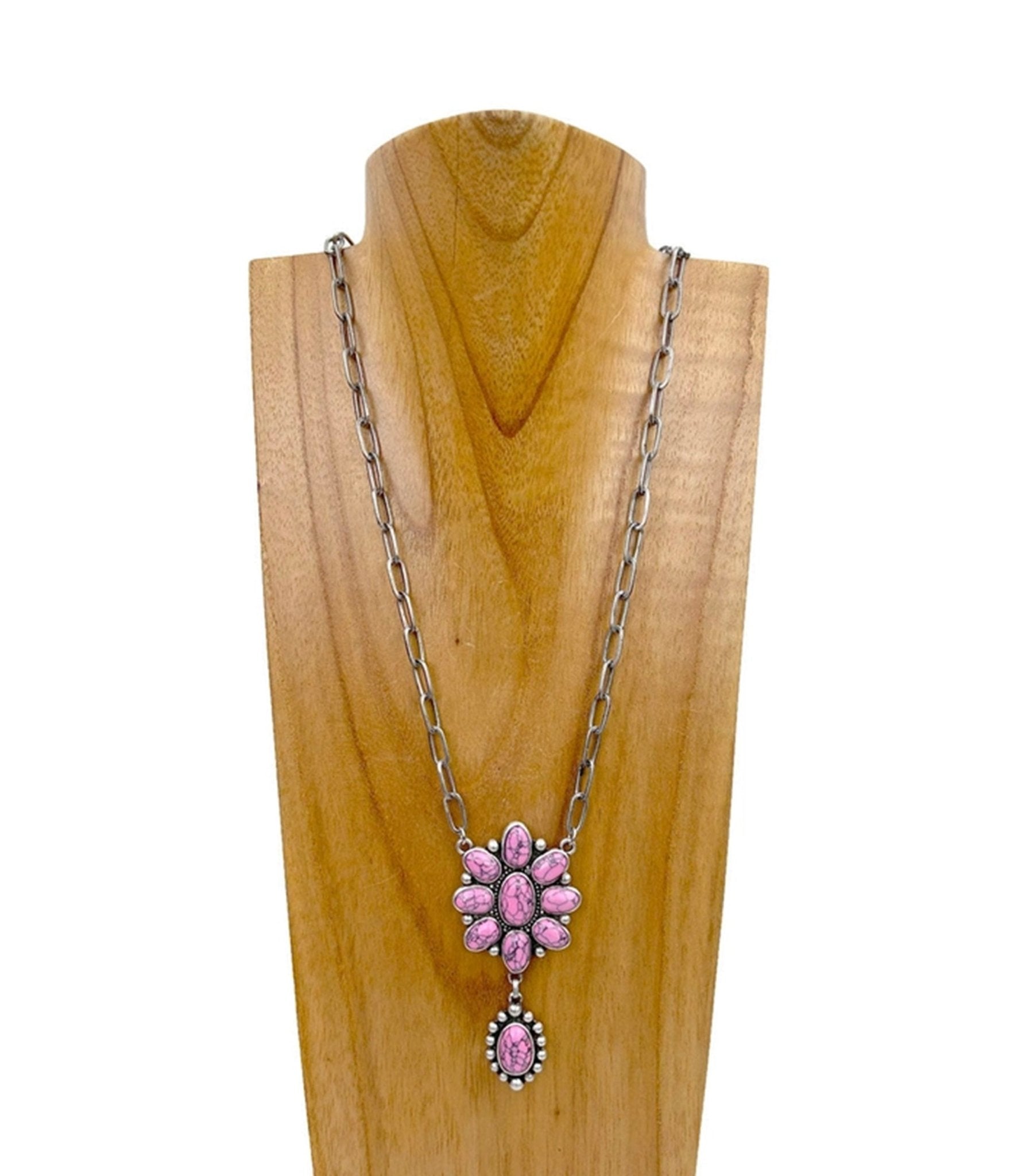 Silver Tone & Pink Stone Flower Concho Necklace - Unique Vintage - Womens, ACCESSORIES, JEWELRY
