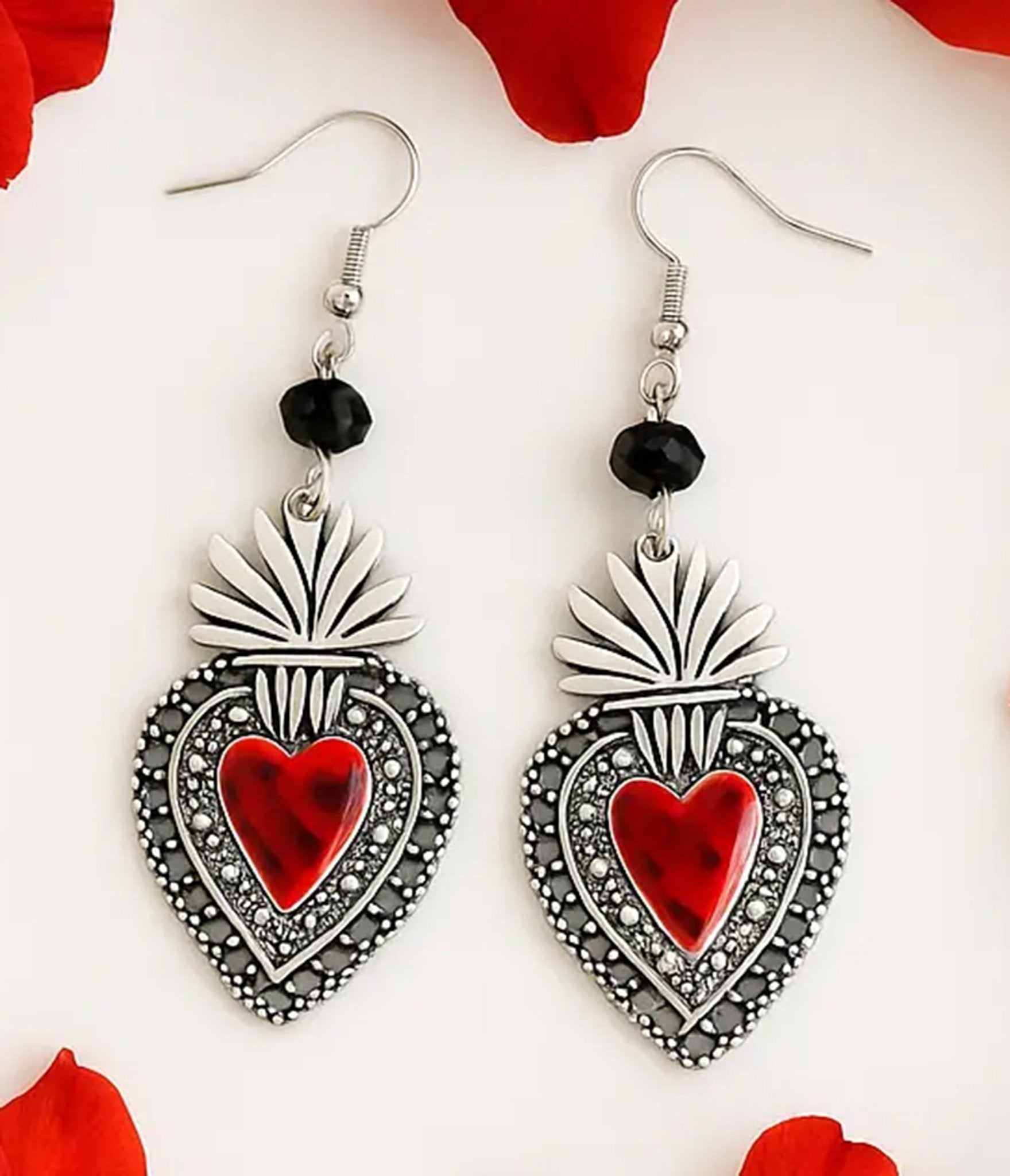 Silver Tone Sacred Heart Dangle Earrings - Unique Vintage - Womens, ACCESSORIES, JEWELRY