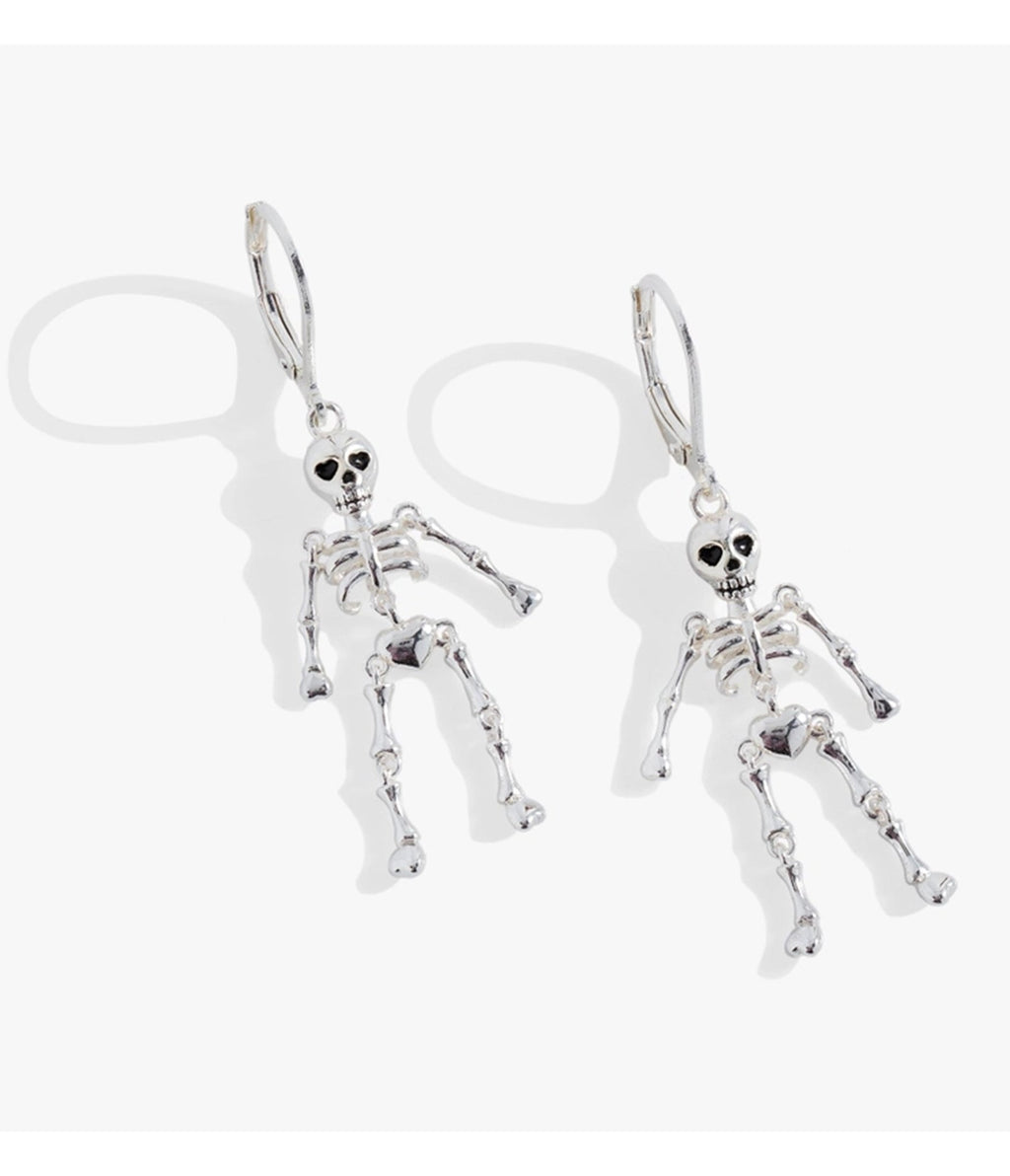 Silver Tone Skeleton Dangle Earrings - Unique Vintage - Womens, ACCESSORIES, JEWELRY