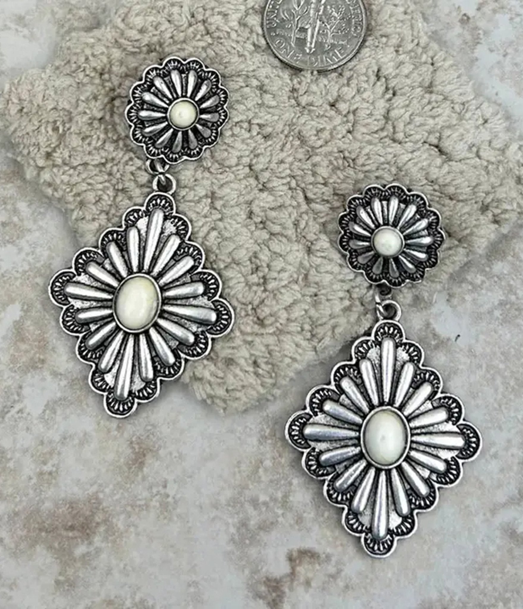 Silver Tone White Stone Concho Dangle Earrings - Unique Vintage - Womens, ACCESSORIES, JEWELRY