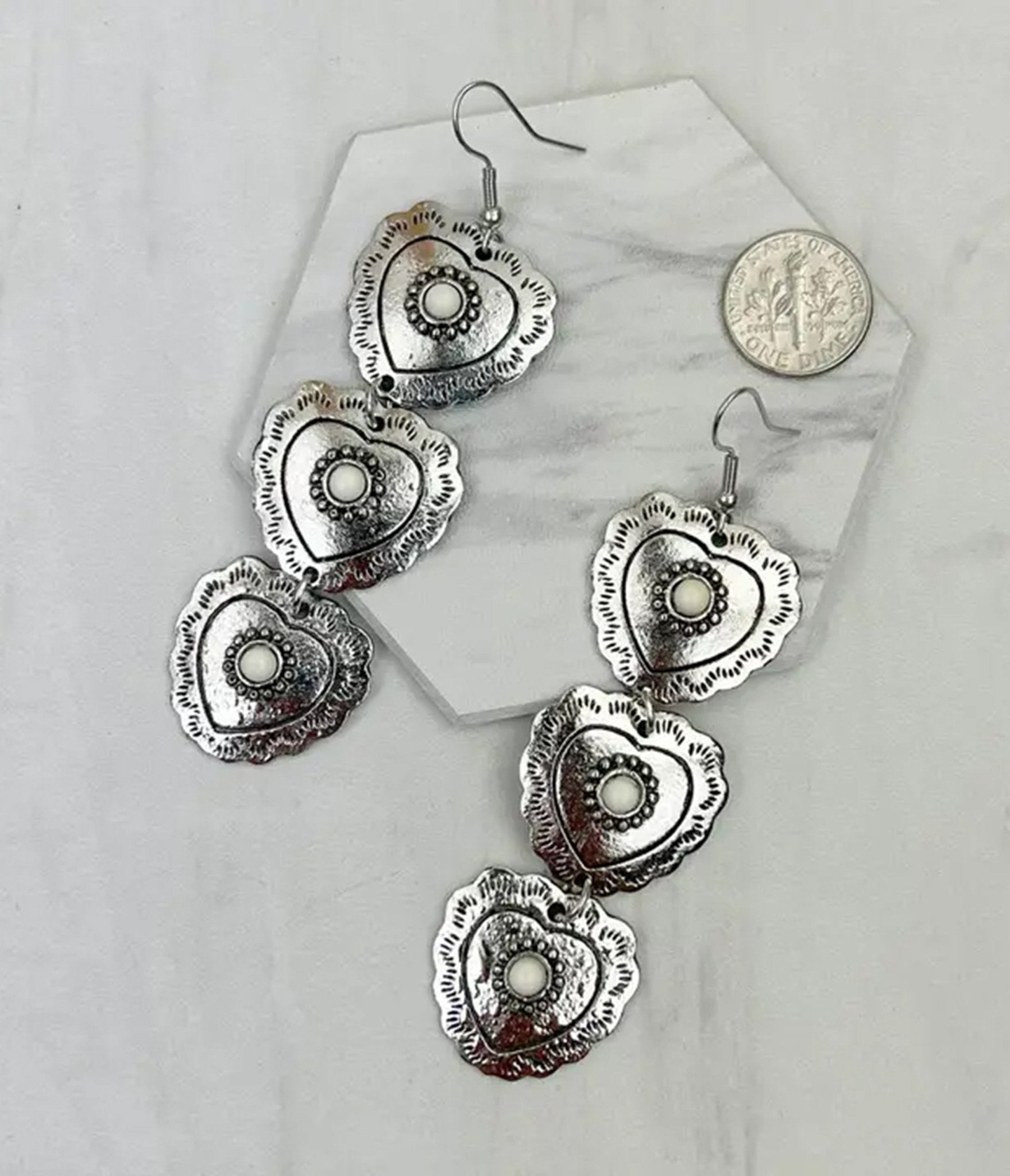 Silver Tone White Stone Heart Dangle Earrings - Unique Vintage - Womens, ACCESSORIES, JEWELRY