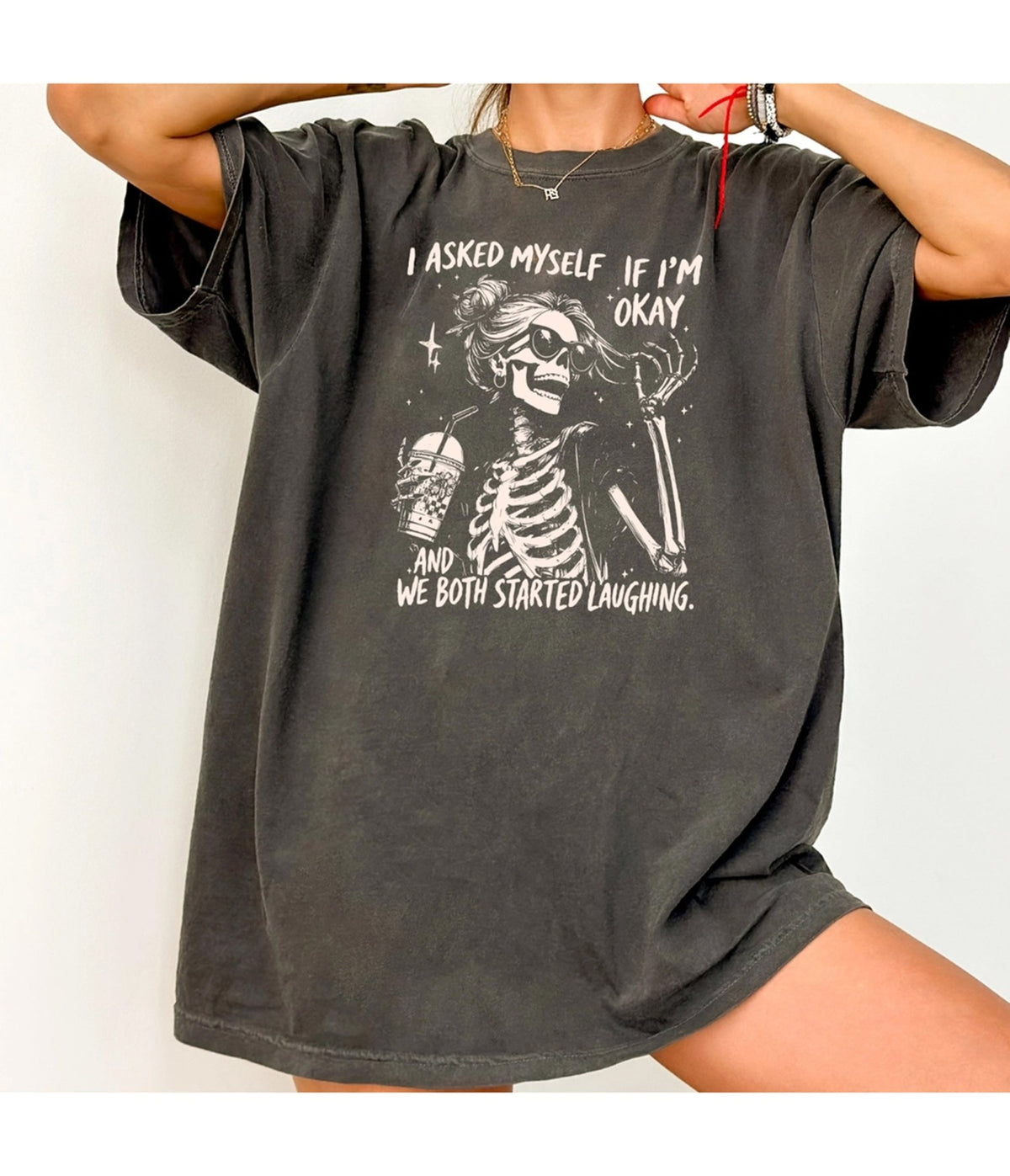 Skeleton I Asked Myself Graphic Tee - Unique Vintage - Graphic Tees