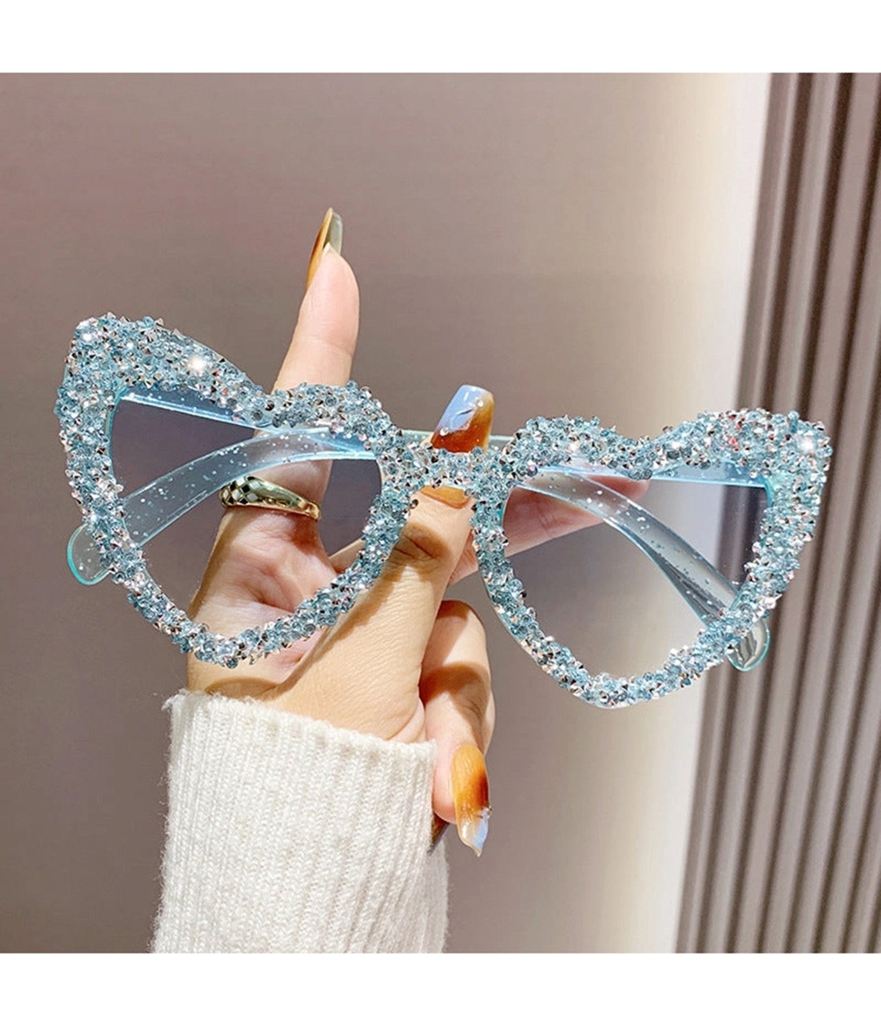 Sky Blue Embellished Heart Shaped Sunglasses - Unique Vintage - Womens, ACCESSORIES, SUNGLASSES