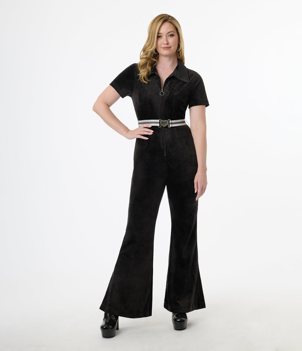 Smak Parlour 1960s Black Belted Flare Jumpsuit - Unique Vintage - Womens, BOTTOMS, ROMPERS AND JUMPSUITS