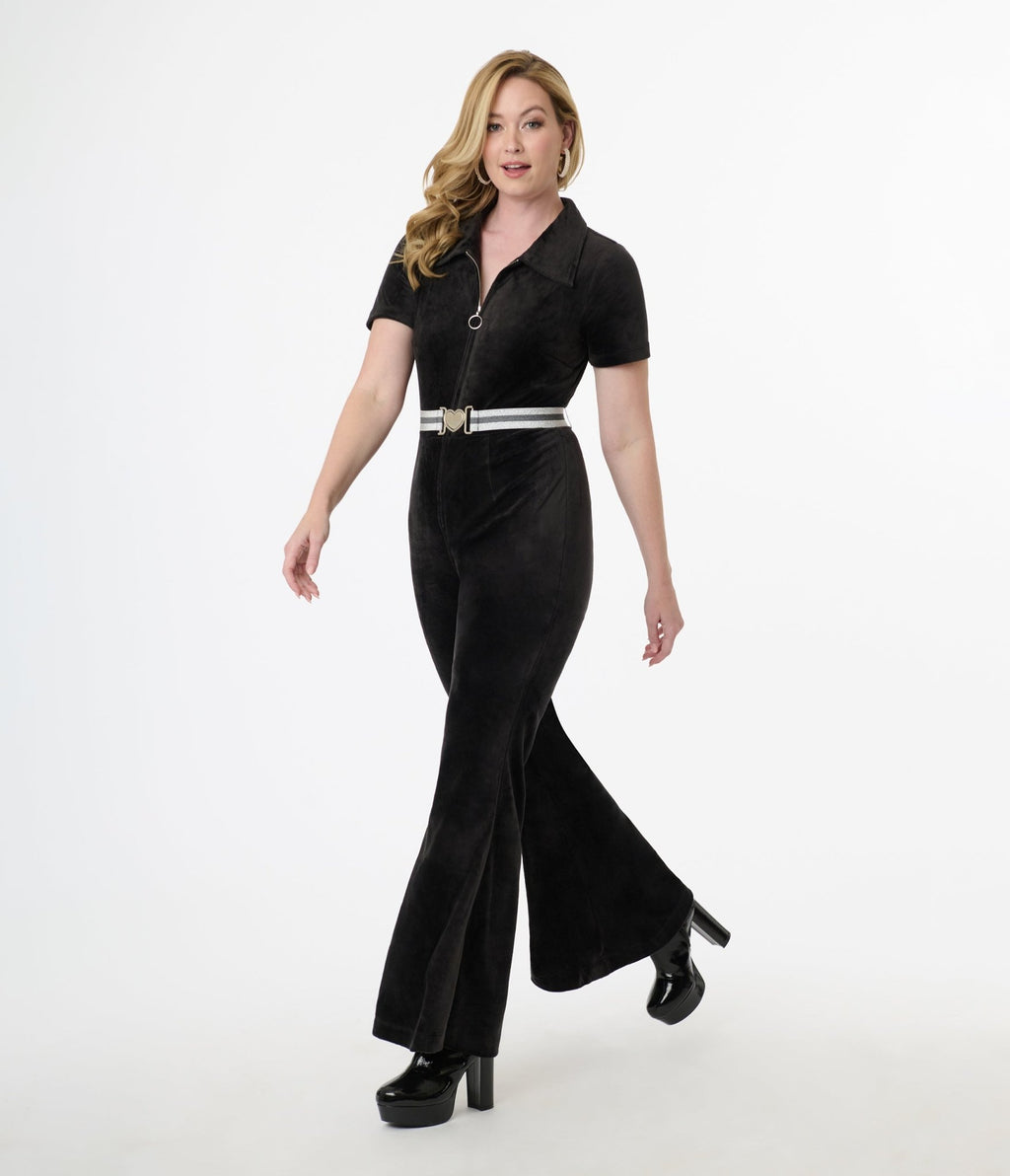 Smak Parlour 1960s Black Belted Flare Jumpsuit - Unique Vintage - Womens, BOTTOMS, ROMPERS AND JUMPSUITS