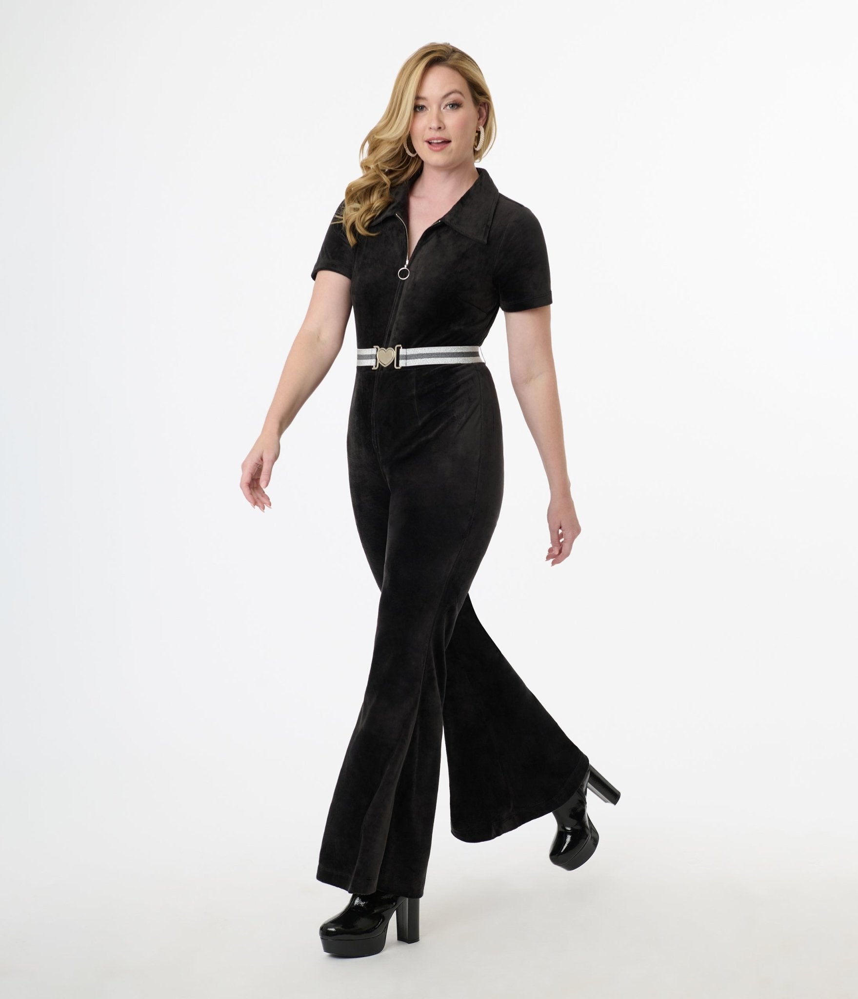 Smak Parlour 1960s Black Belted Flare Jumpsuit - Unique Vintage - Womens, BOTTOMS, ROMPERS AND JUMPSUITS