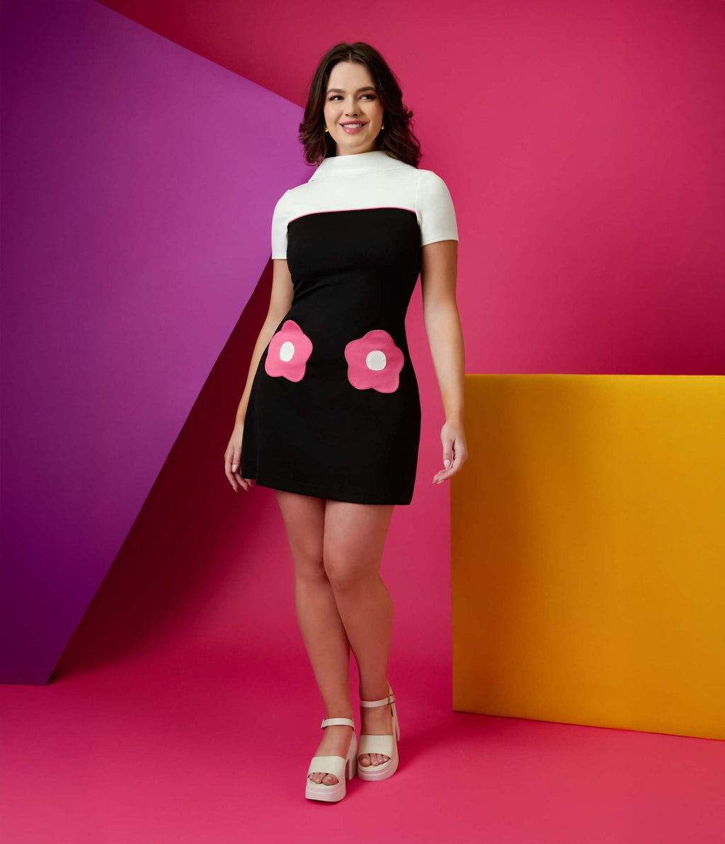 Smak Parlour 1960s Black & Hot Pink Flower Pocket Shift Dress - Unique Vintage - Womens, DRESSES, SHIFTS