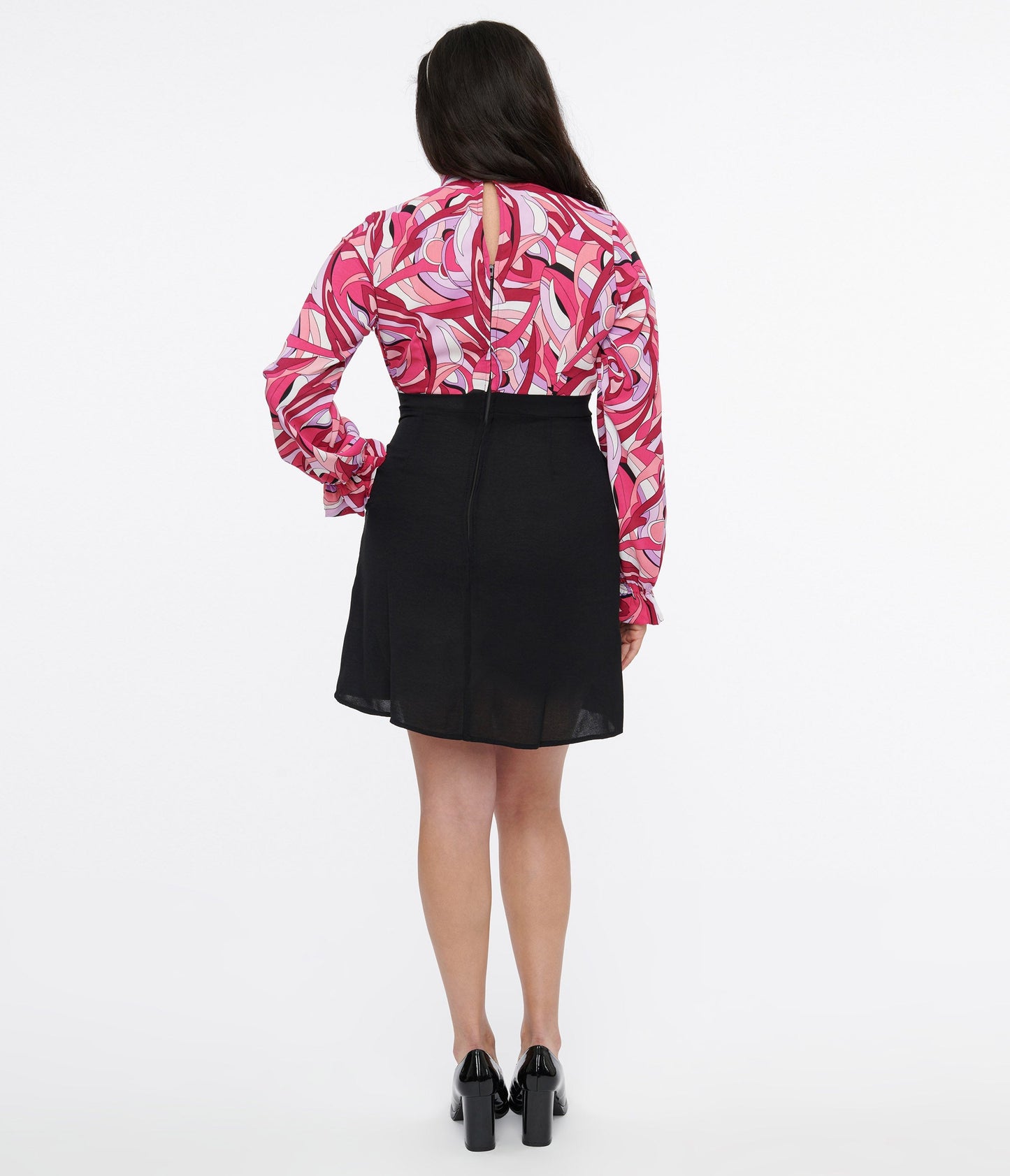 Smak Parlour 1960s Black & Pink Paisley Ruffle Neck Empire A - Line Dress - Unique Vintage - Womens, DRESSES, A - LINE