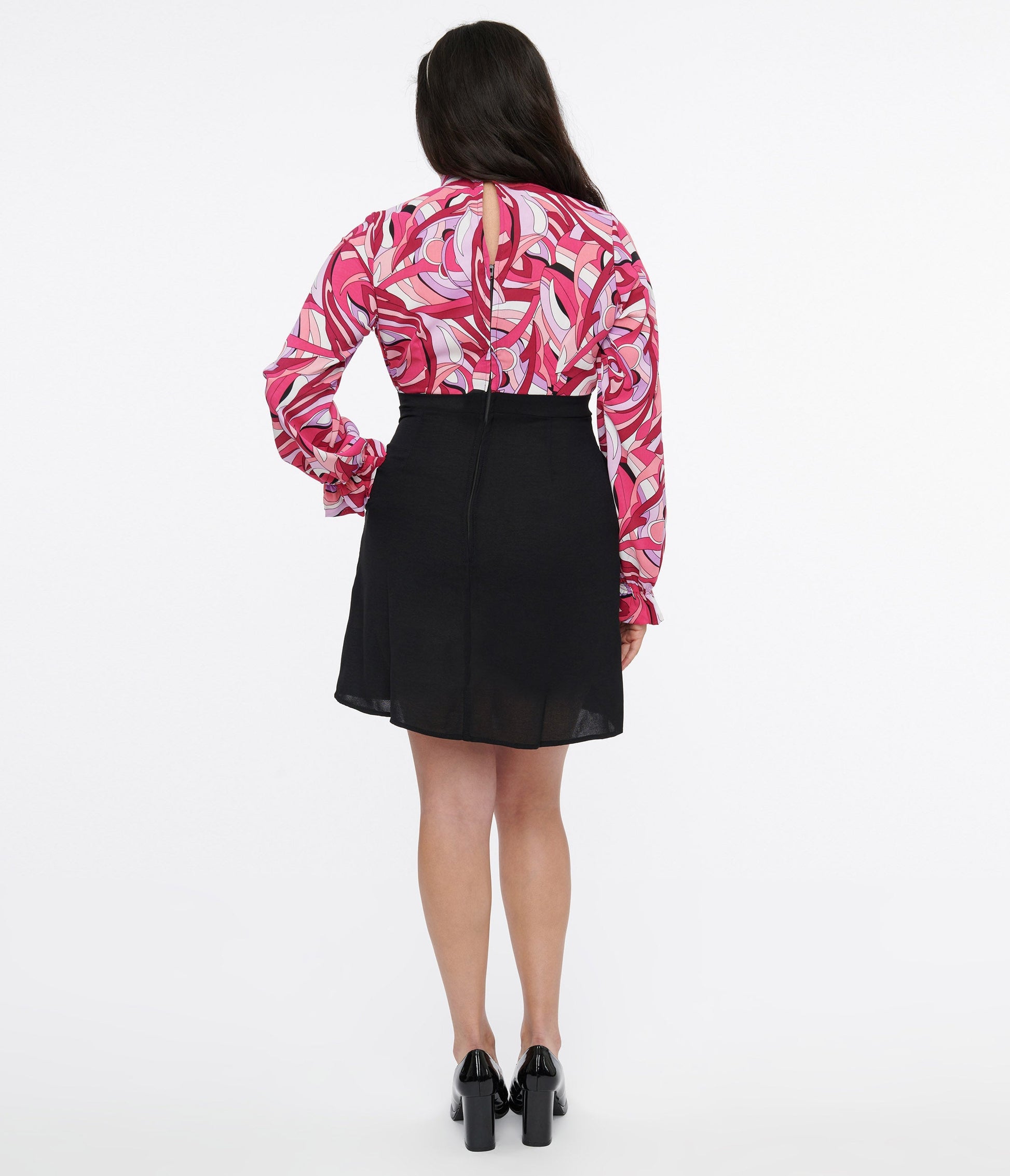 Smak Parlour 1960s Black & Pink Paisley Ruffle Neck Empire A - Line Dress - Unique Vintage - Womens, DRESSES, A - LINE