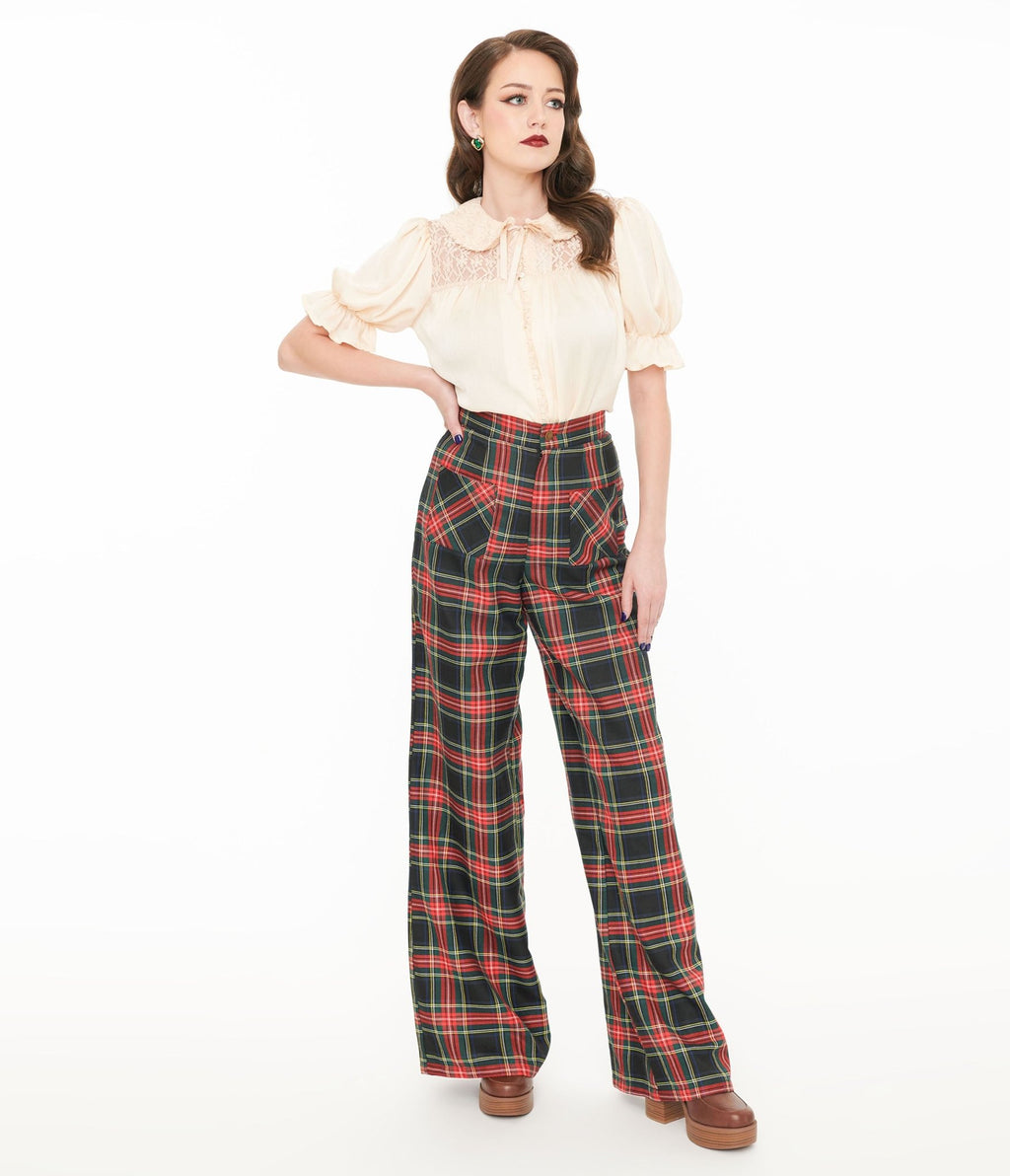 Smak Parlour 1960s Black & Red Plaid Wide Leg Trousers - Unique Vintage - Womens, BOTTOMS, PANTS