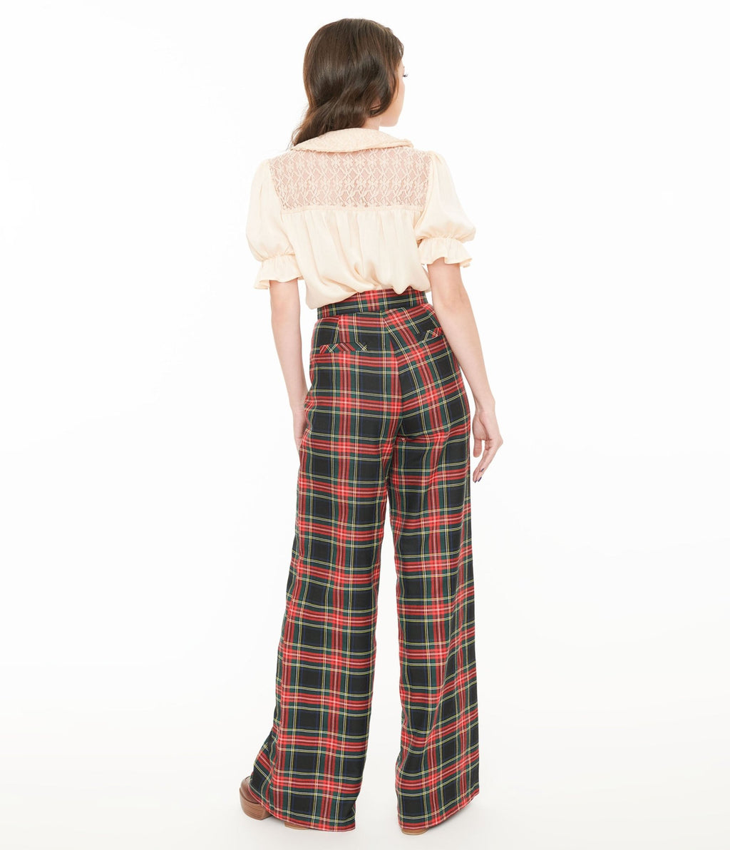 Smak Parlour 1960s Black & Red Plaid Wide Leg Trousers - Unique Vintage - Womens, BOTTOMS, PANTS