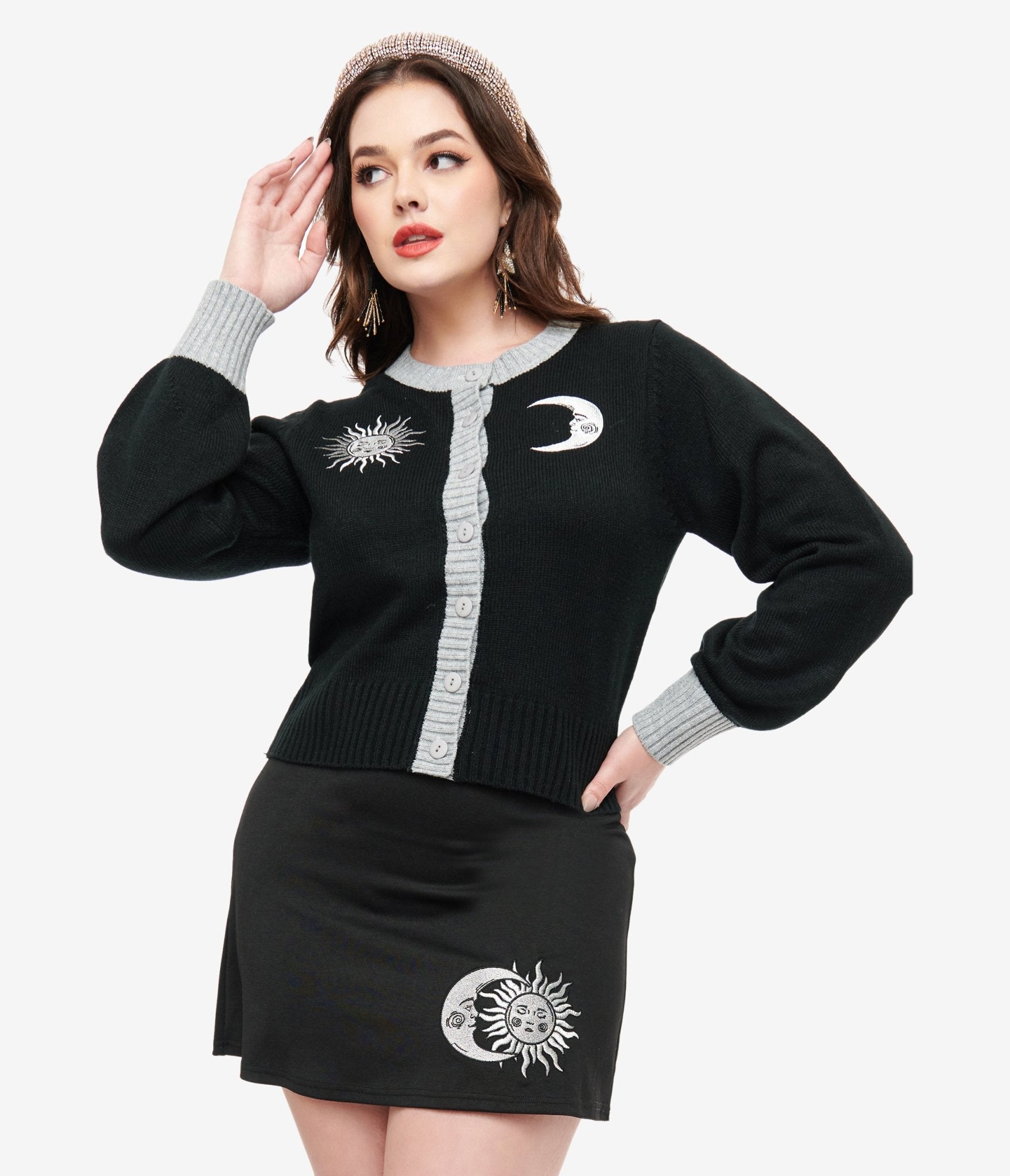 Smak Parlour 1960s Black & Silver Celestial Embroidered Cropped Cardigan - Unique Vintage - Womens, TOPS, SWEATERS