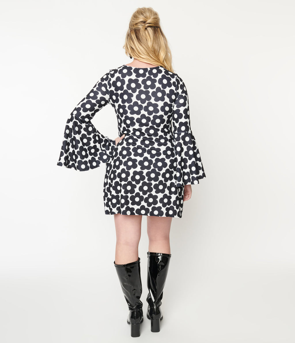 Smak Parlour 1960s Black & White Mod Daisy Mini Dress - Unique Vintage - Womens, DRESSES, FIT AND FLARE