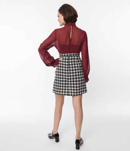 Smak Parlour 1960s Burgundy & Plaid Ruffle Neck Empire A - Line Dress - Unique Vintage - Womens, DRESSES, A - LINE